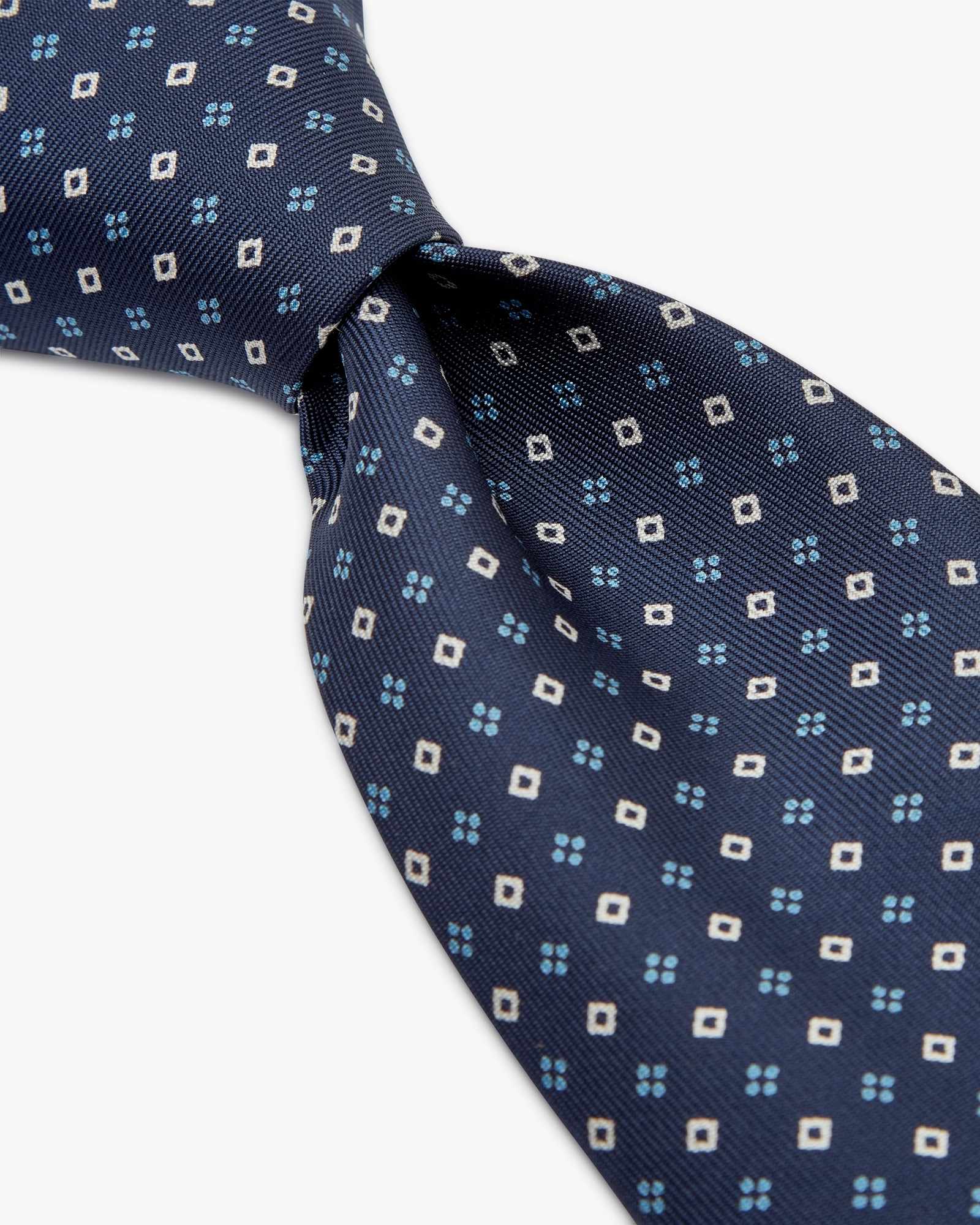 Cravatta 7 Pieghe In Seta Inglese Stampata Con Diamanti - Blu Bianco
