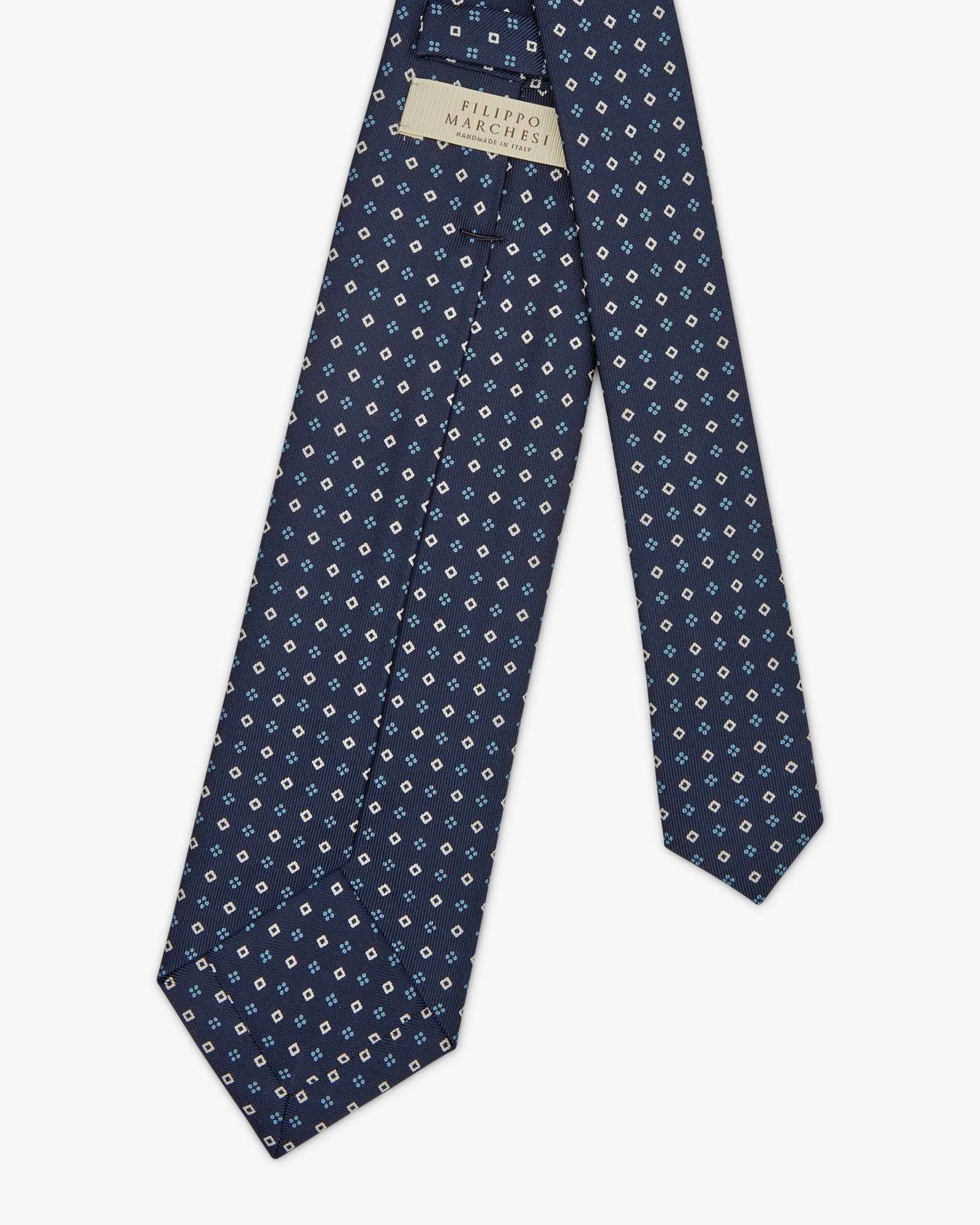 Cravatta 7 Pieghe In Seta Inglese Stampata Con Diamanti - Blu Bianco