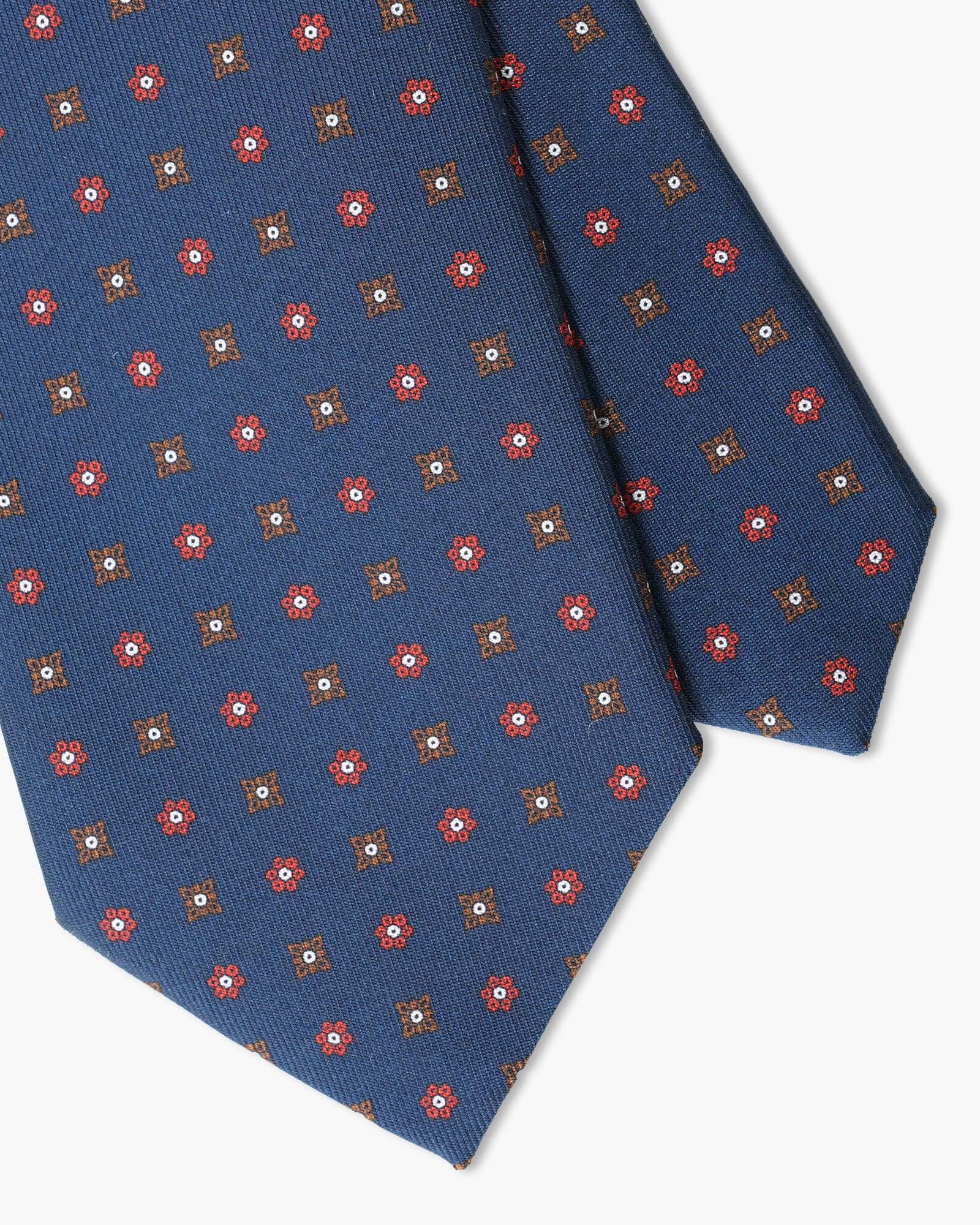 Cravatta in Seta Inglese Stampata – Blu con Microfiori Rossi e Marroni
