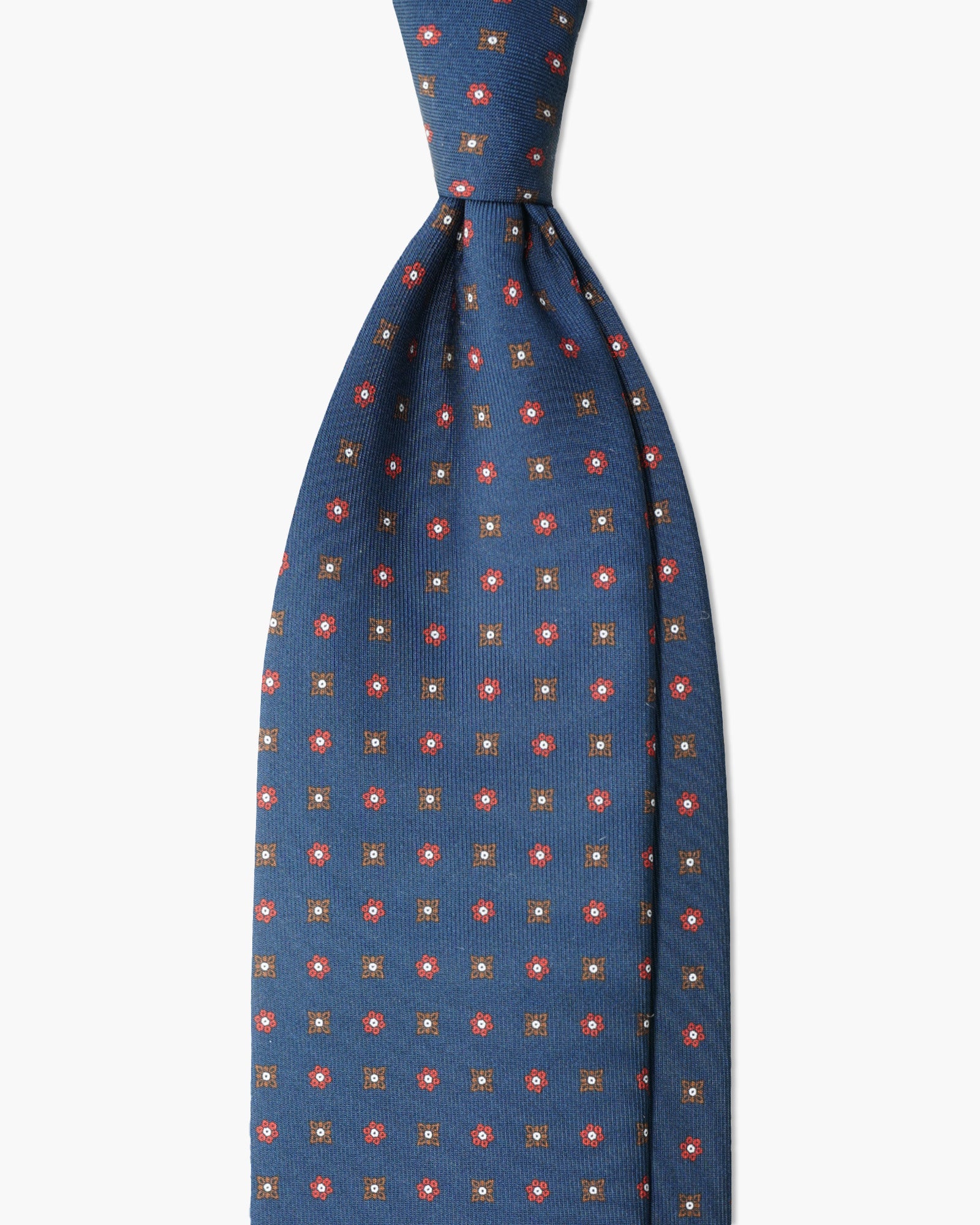 Cravatta in Seta Inglese Stampata – Blu con Microfiori Rossi e Marroni