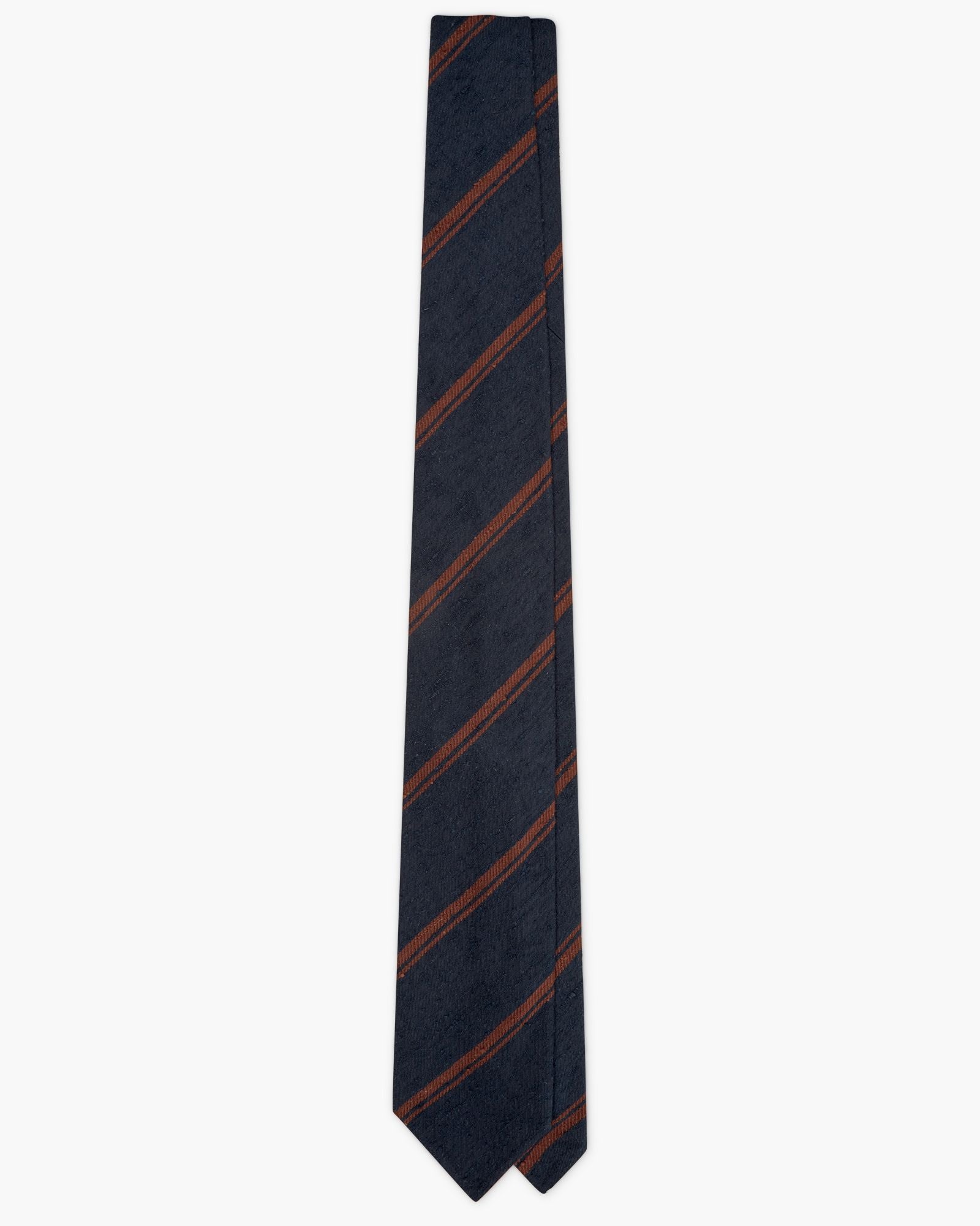 Cravatta 3 Pieghe In Seta Shantung A Righe - Blu Marrone