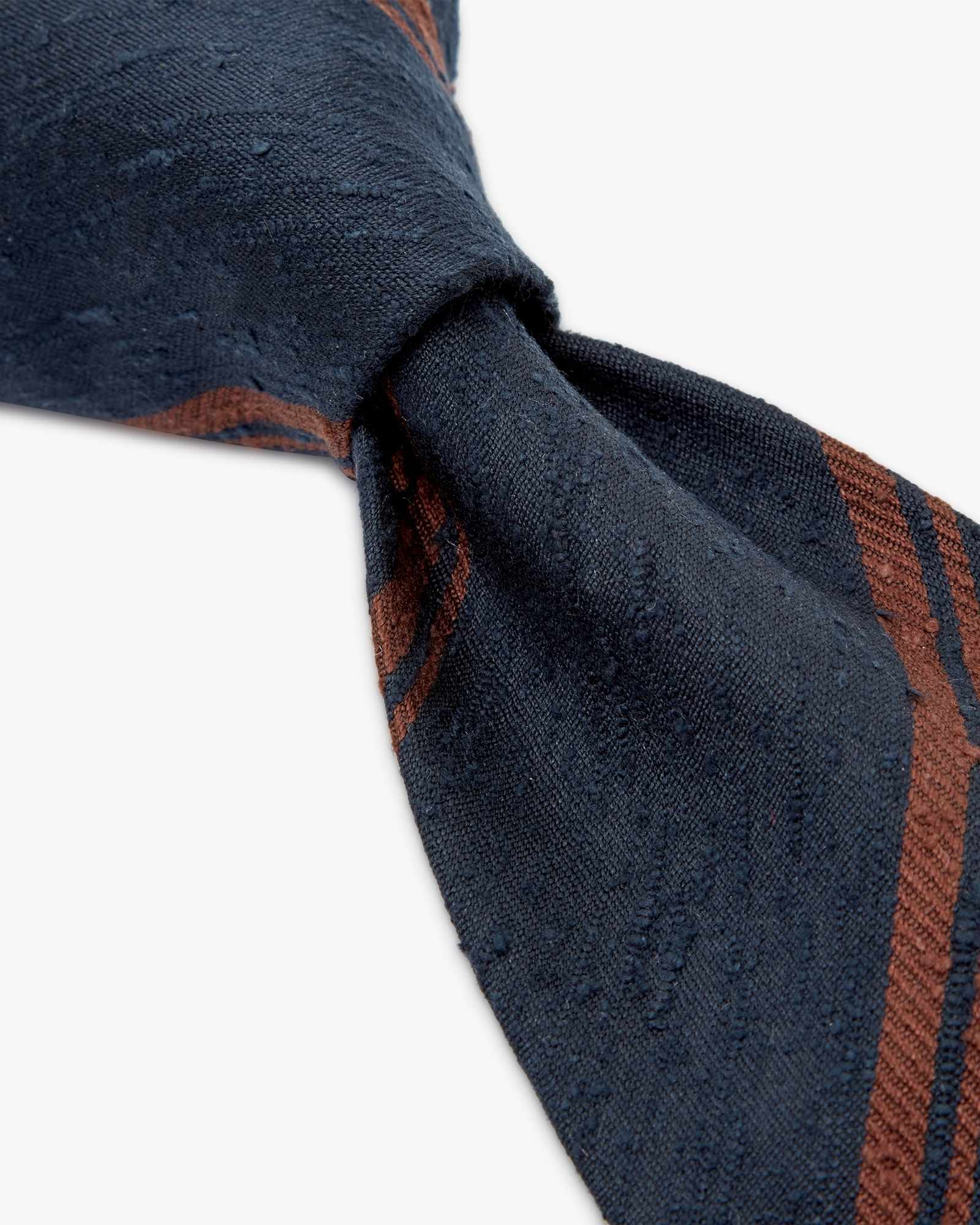 Cravatta 3 Pieghe In Seta Shantung A Righe - Blu Marrone