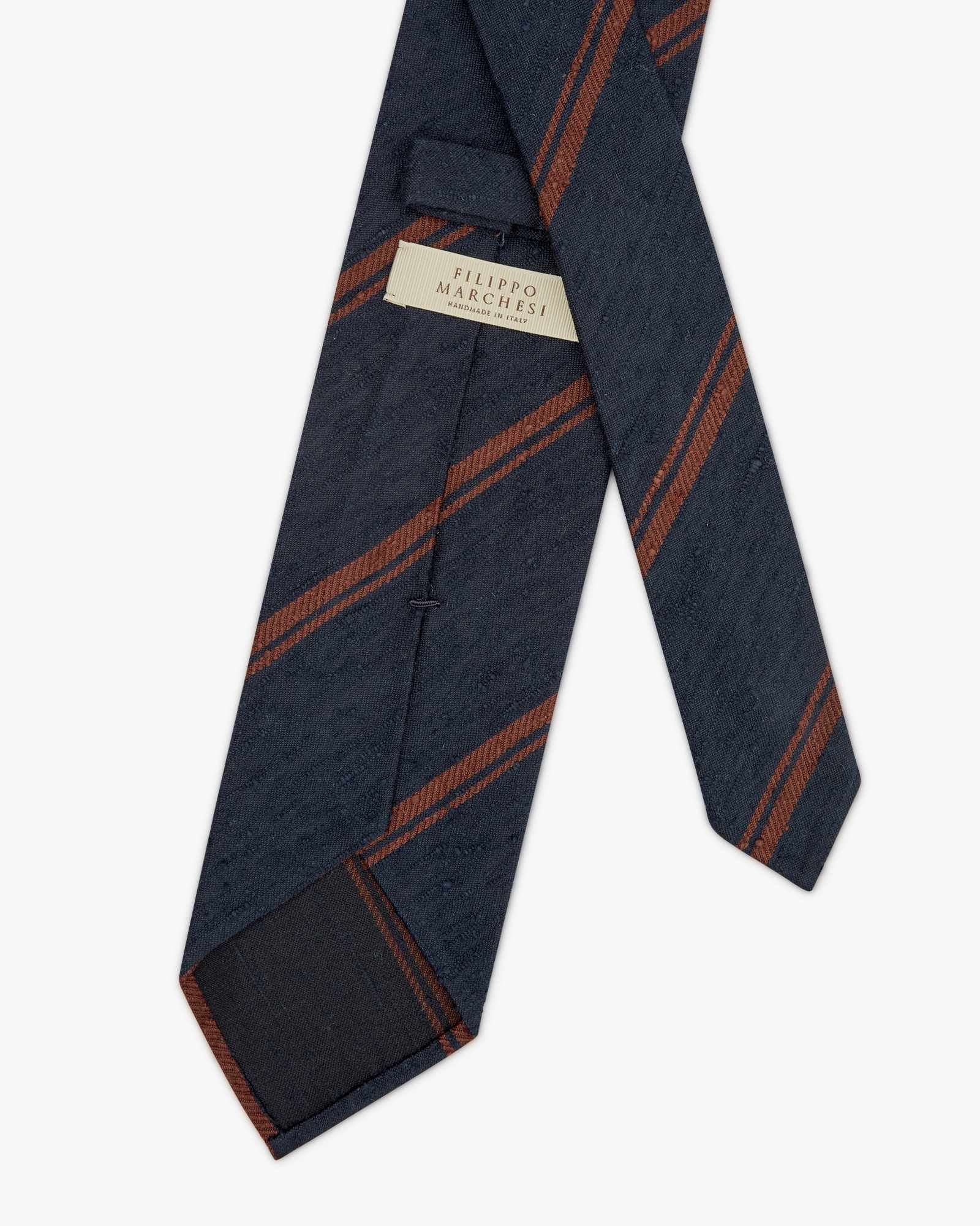 Cravatta 3 Pieghe In Seta Shantung A Righe - Blu Marrone