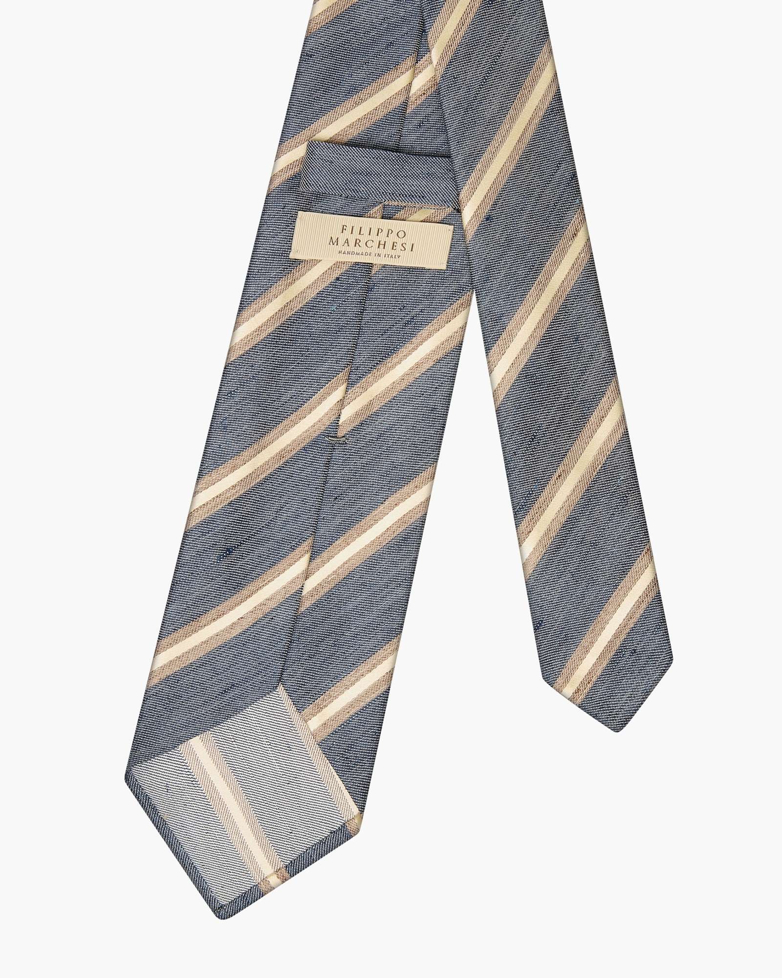 Cravatta 3 Pieghe in Seta Lino a Righe - Blu Denim