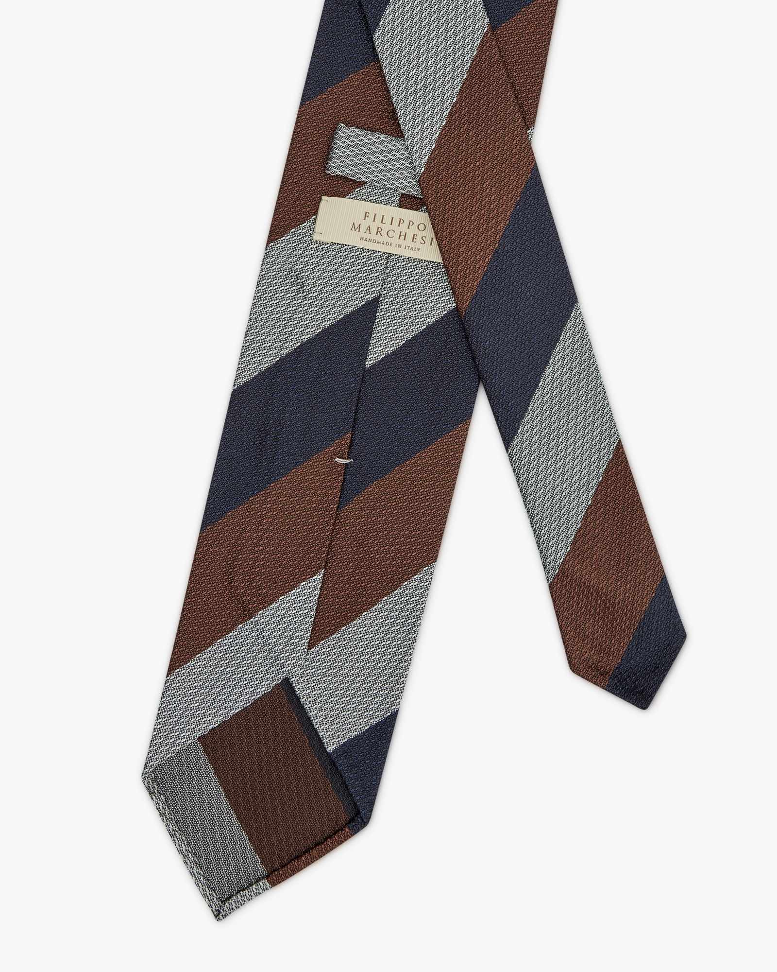 Cravatta 3 Pieghe In Seta Jacquard A Righe - Blu Marrone Grigio