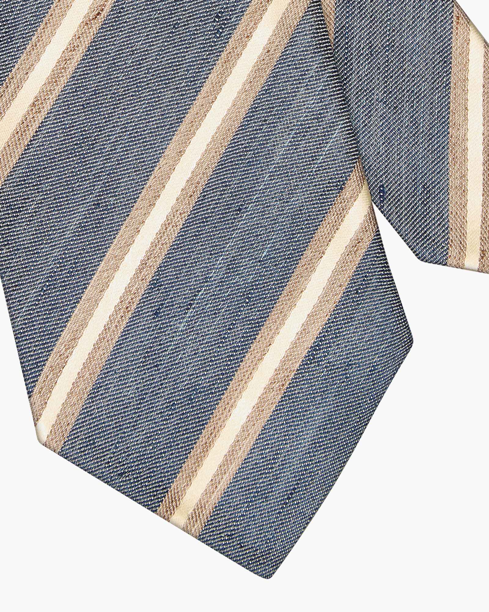 Cravatta 3 Pieghe in Seta Lino a Righe - Blu Denim