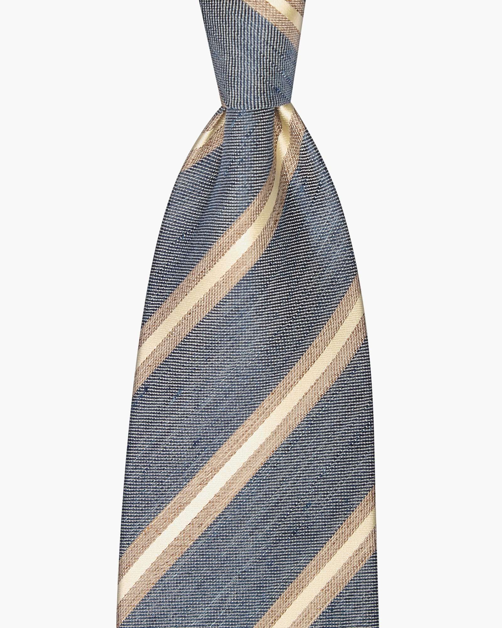 Cravatta 3 Pieghe in Seta Lino a Righe - Blu Denim