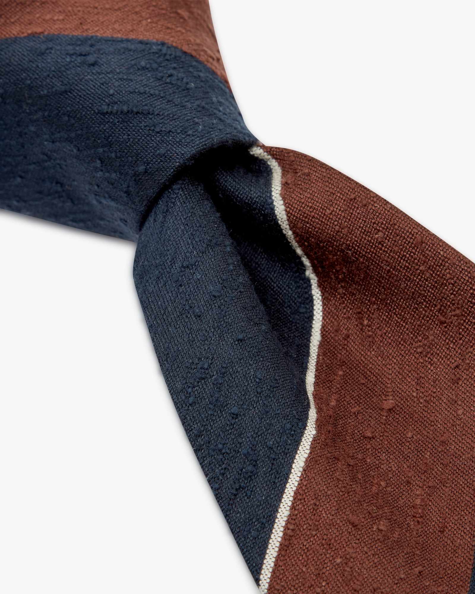 Cravatta 3 Pieghe In Seta Shantung A Righe - Blu Marrone Bianco