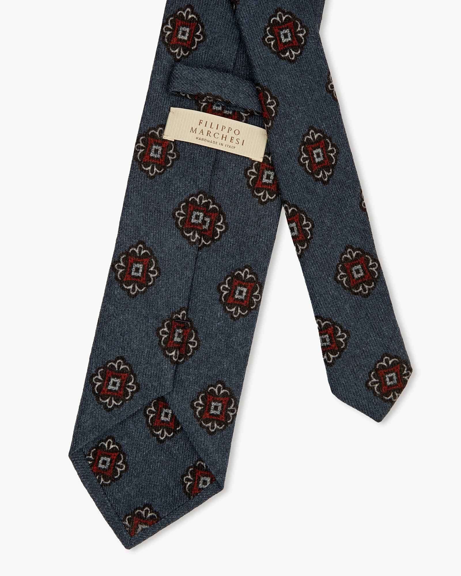 Cravatta 3 Pieghe In Flanella Di Lana Floreale - Blu Denim