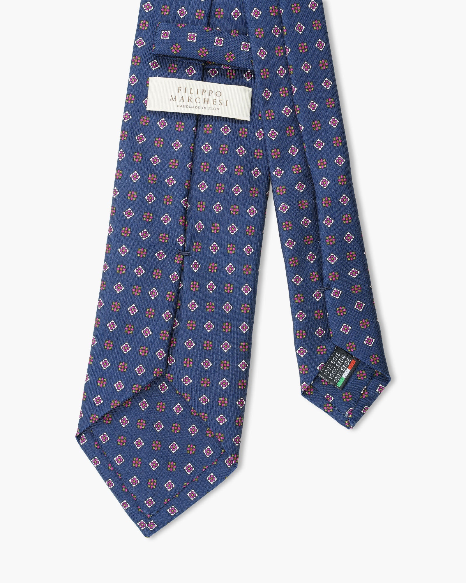 Cravatta in Seta Inglese Stampata – Blu con Fiori Fucsia