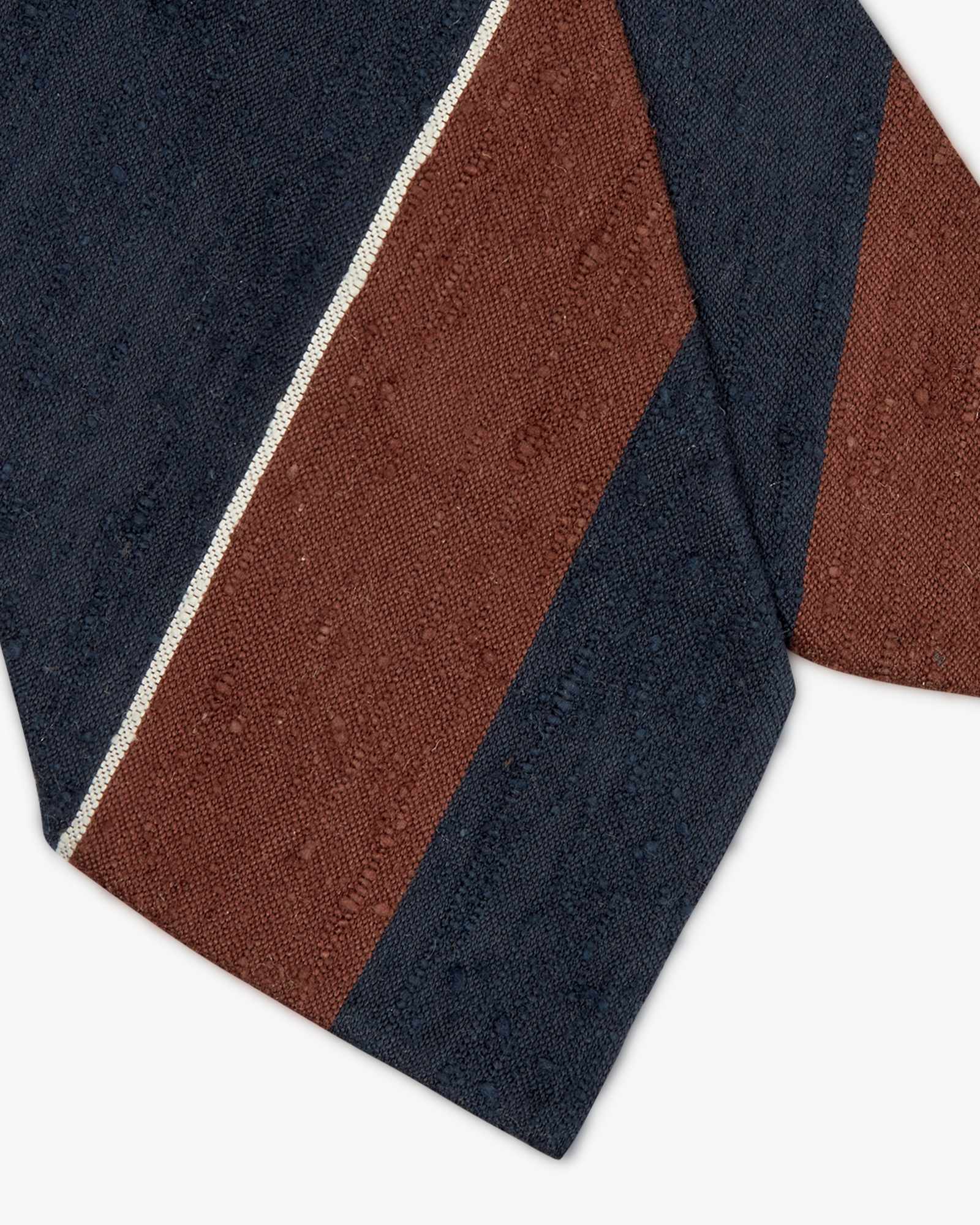 Cravatta 3 Pieghe In Seta Shantung A Righe - Blu Marrone Bianco