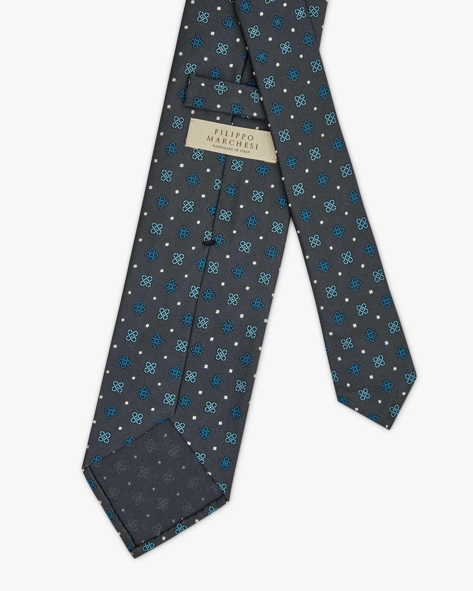 Cravatta 3 Pieghe In Seta Inglese Stampata Floreale - Grigio Celeste