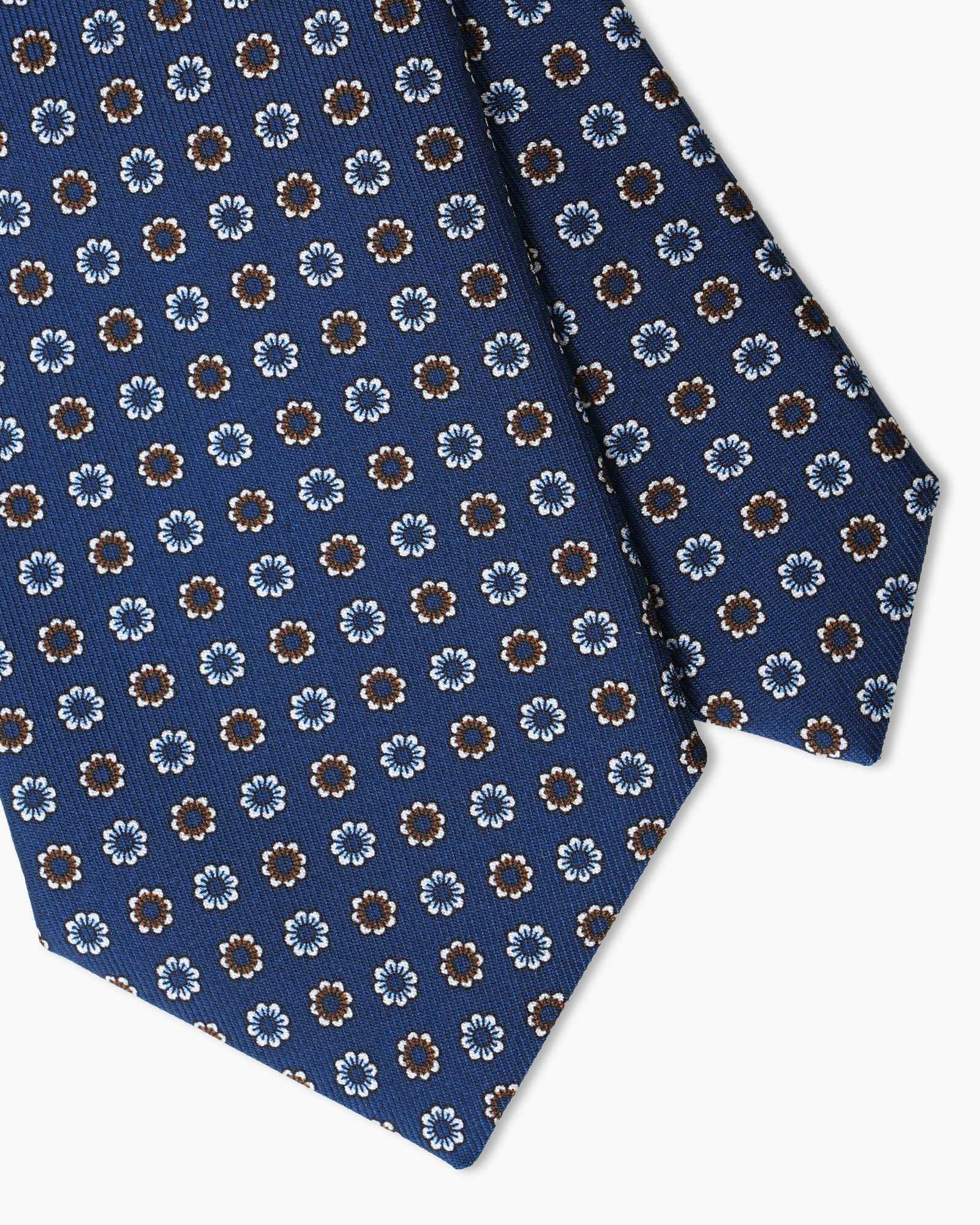 Cravatta in Seta Inglese Stampata – Blu con Microfiori Azzurri e Marroni