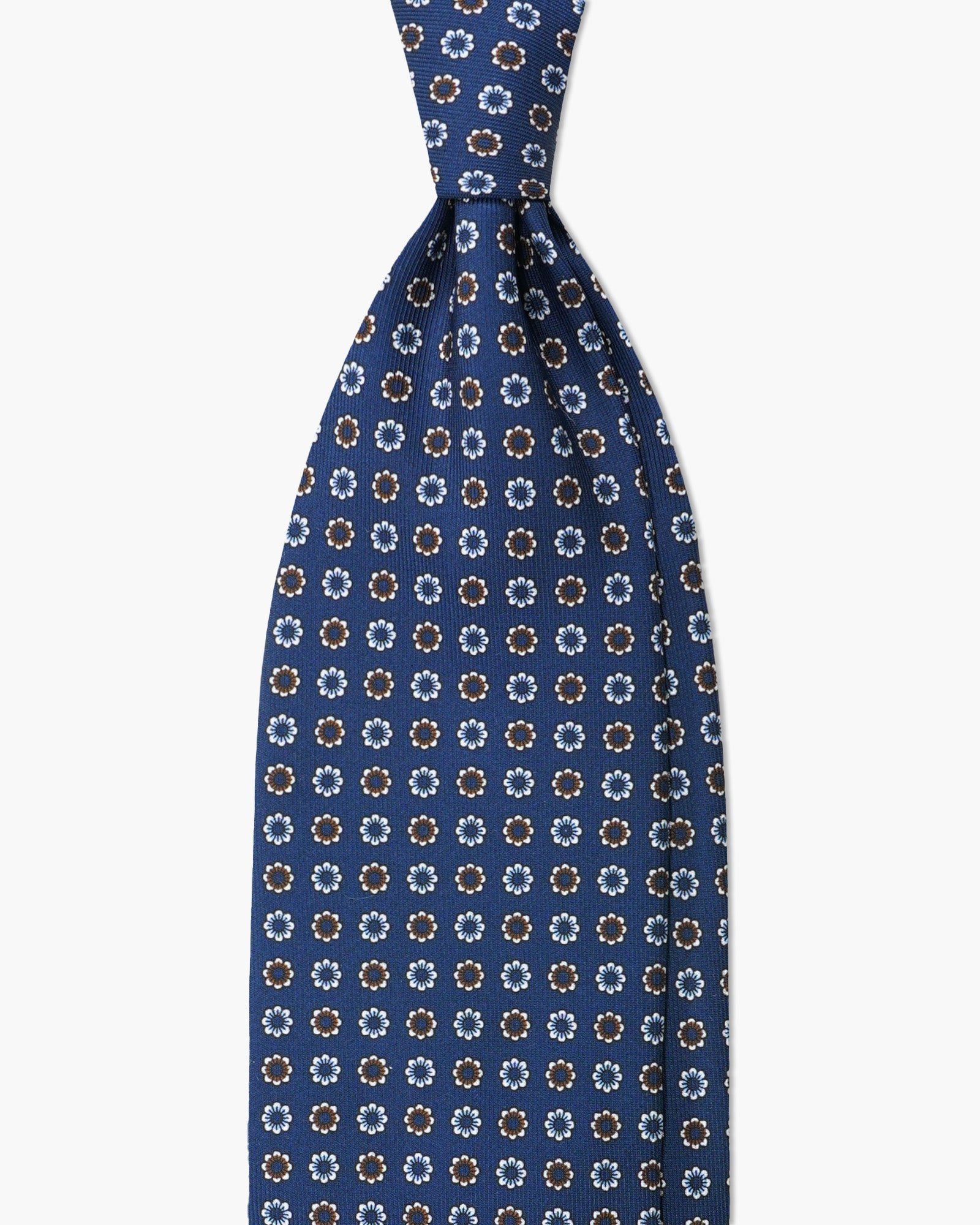 Cravatta in Seta Inglese Stampata – Blu con Microfiori Azzurri e Marroni