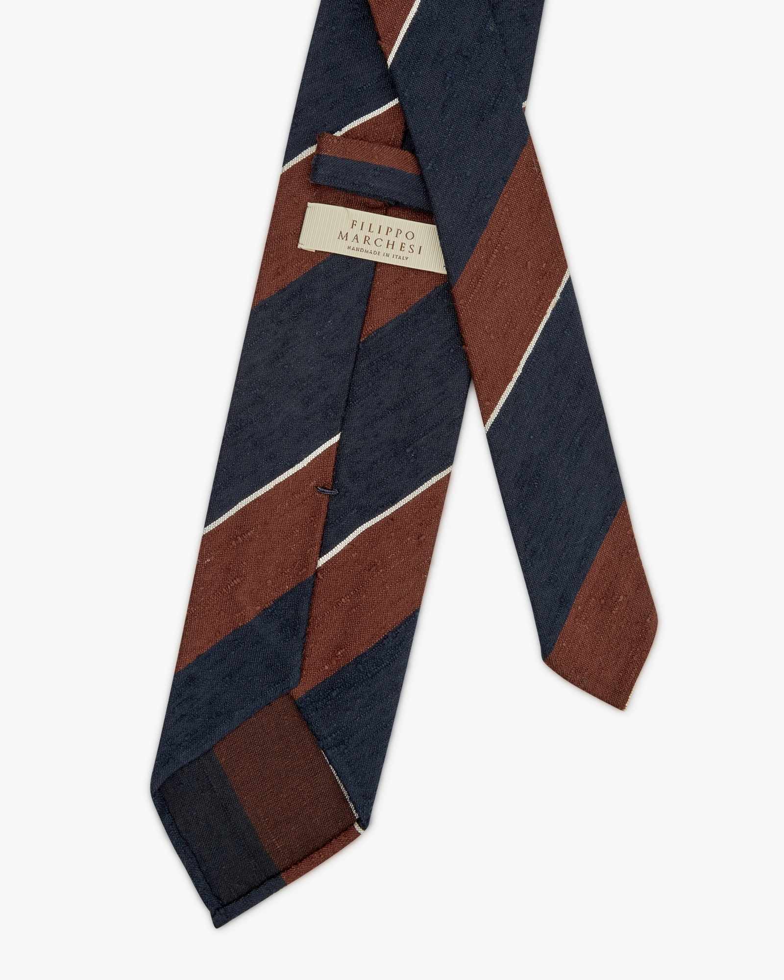 Cravatta 3 Pieghe In Seta Shantung A Righe - Blu Marrone Bianco