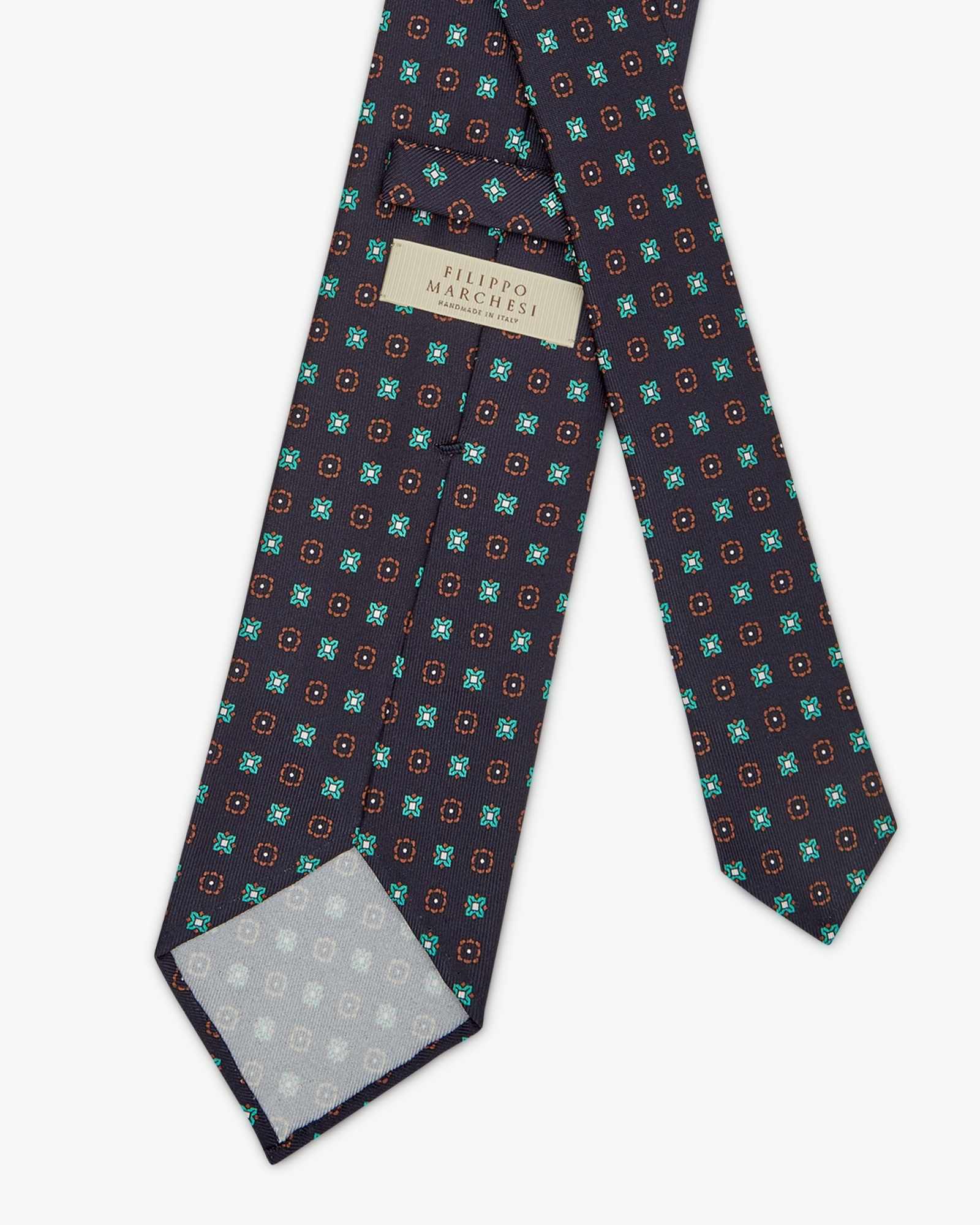 Cravatta 3 Pieghe In Seta Inglese Stampata Floreale - Blu Verde