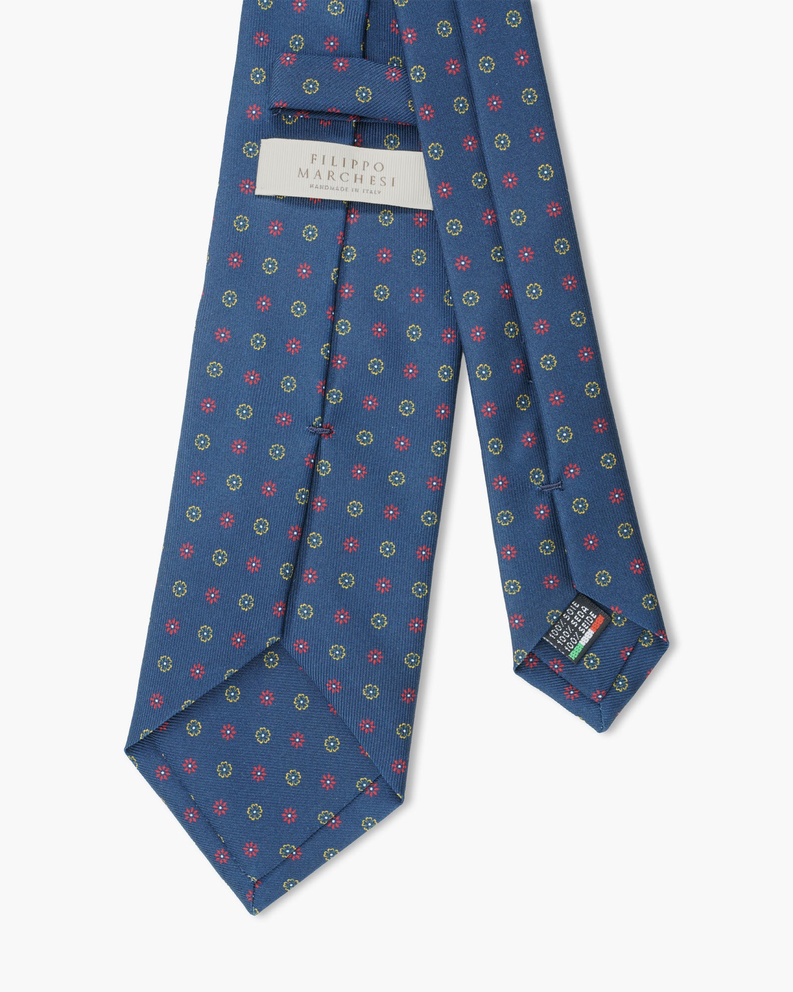 Cravatta in Seta Inglese Stampata – Blu con Microfiori Rossi e Gialli