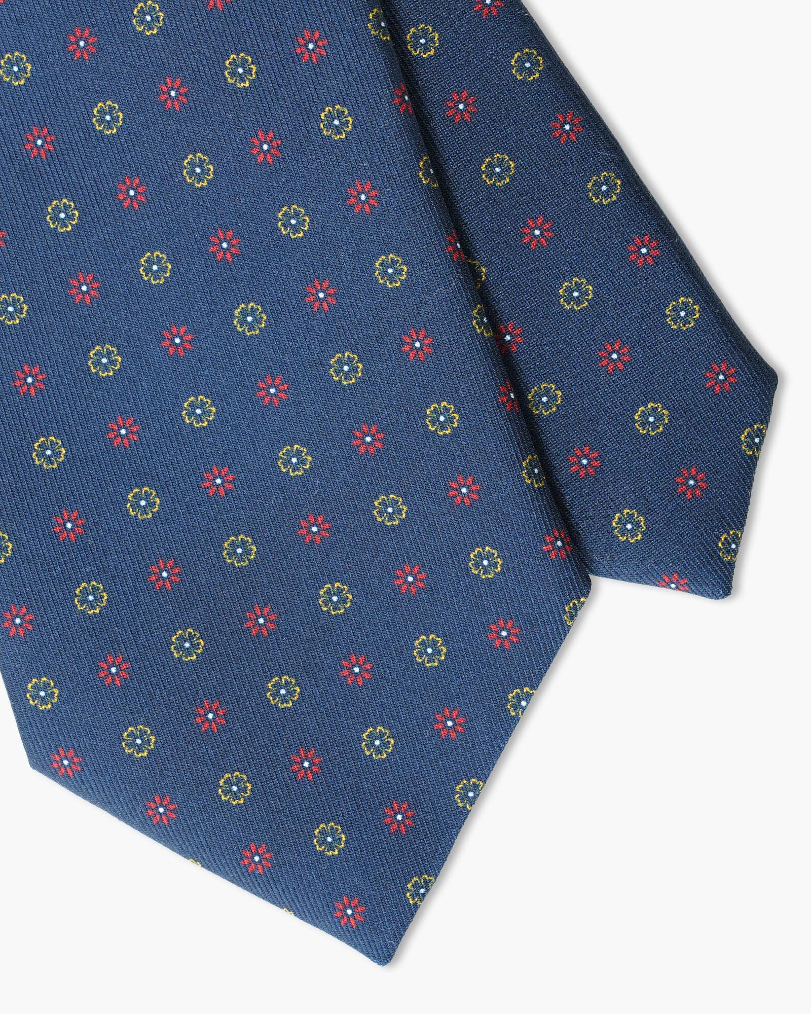 Cravatta in Seta Inglese Stampata – Blu con Microfiori Rossi e Gialli