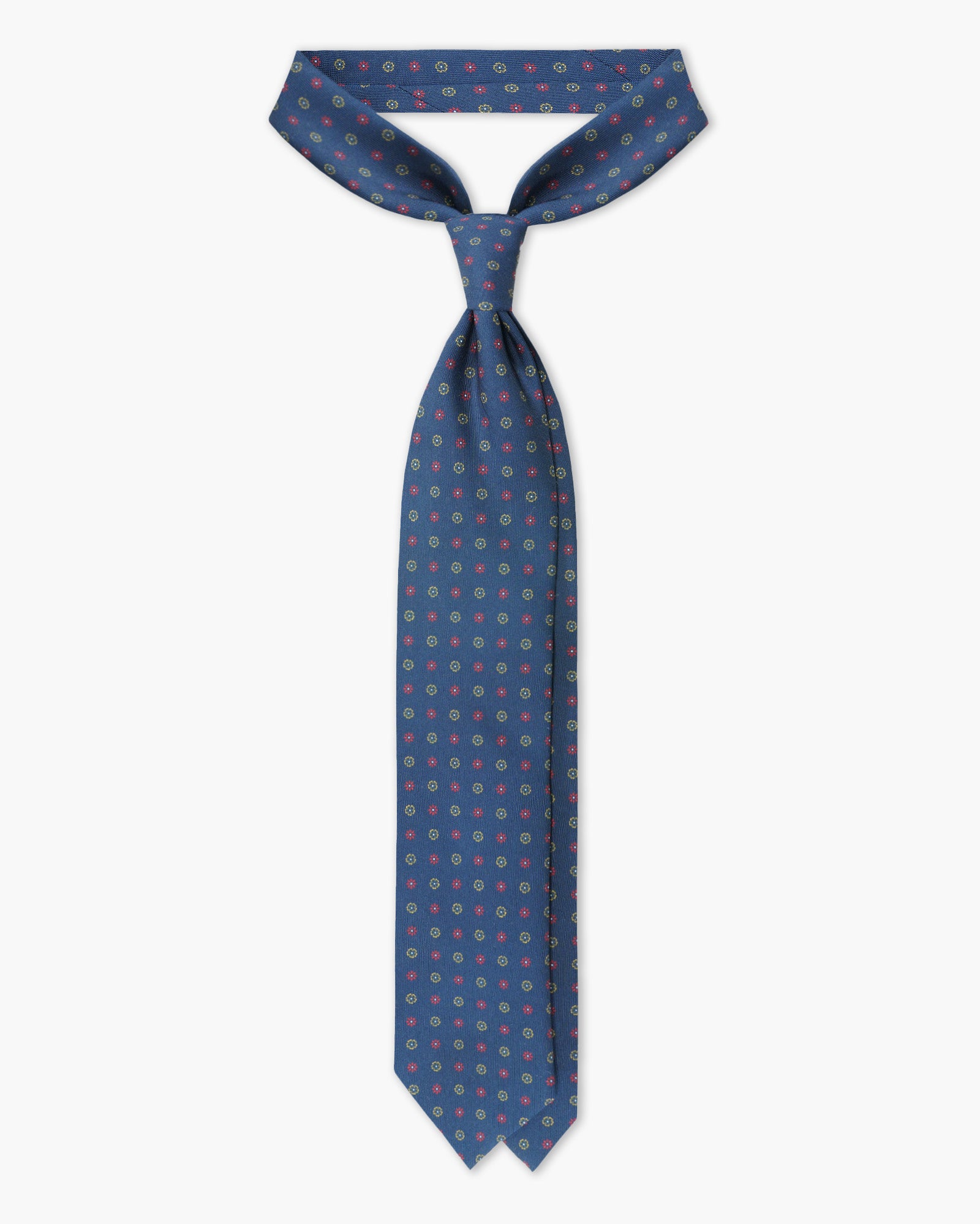 Cravatta in Seta Inglese Stampata – Blu con Microfiori Rossi e Gialli