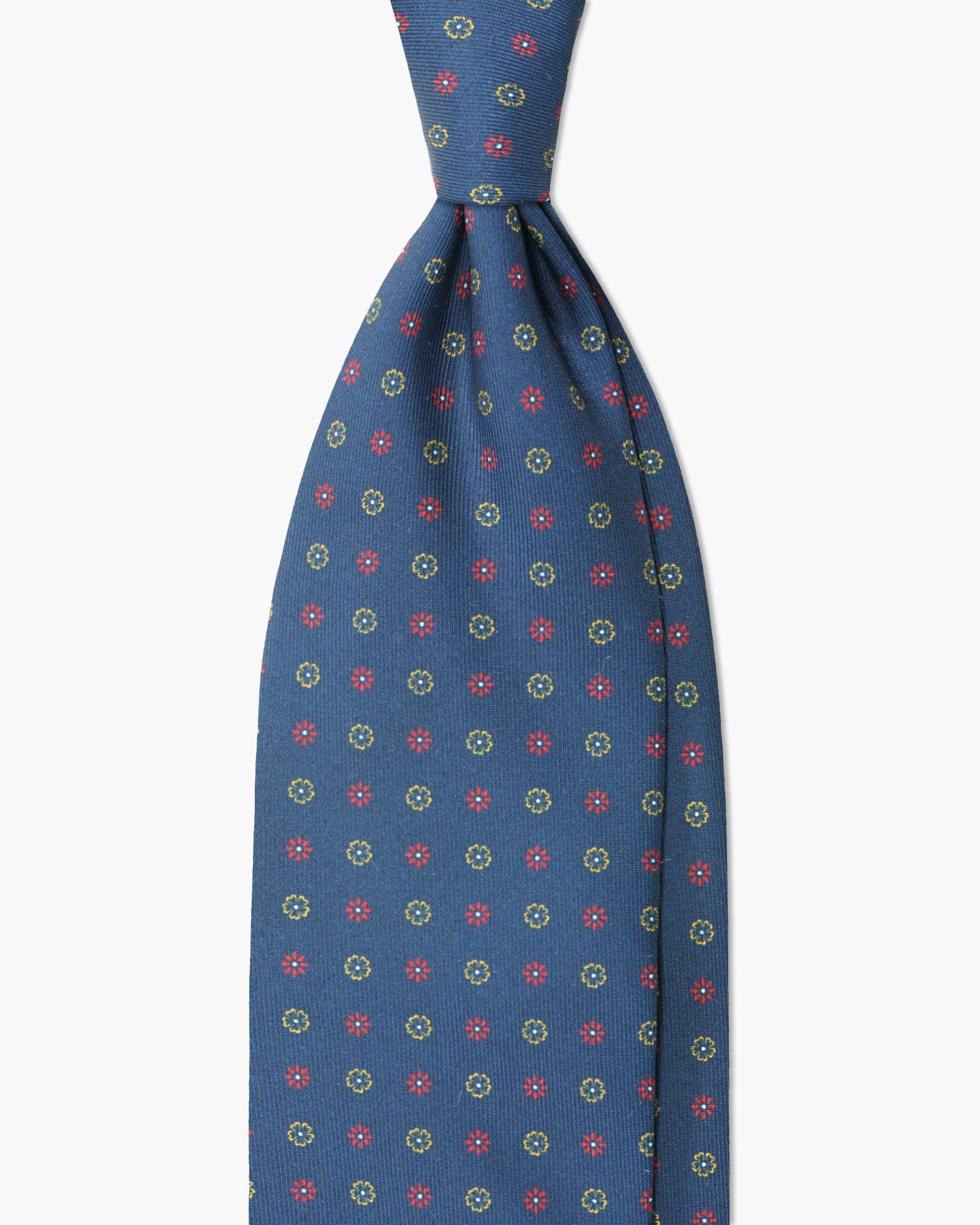 Cravatta in Seta Inglese Stampata – Blu con Microfiori Rossi e Gialli