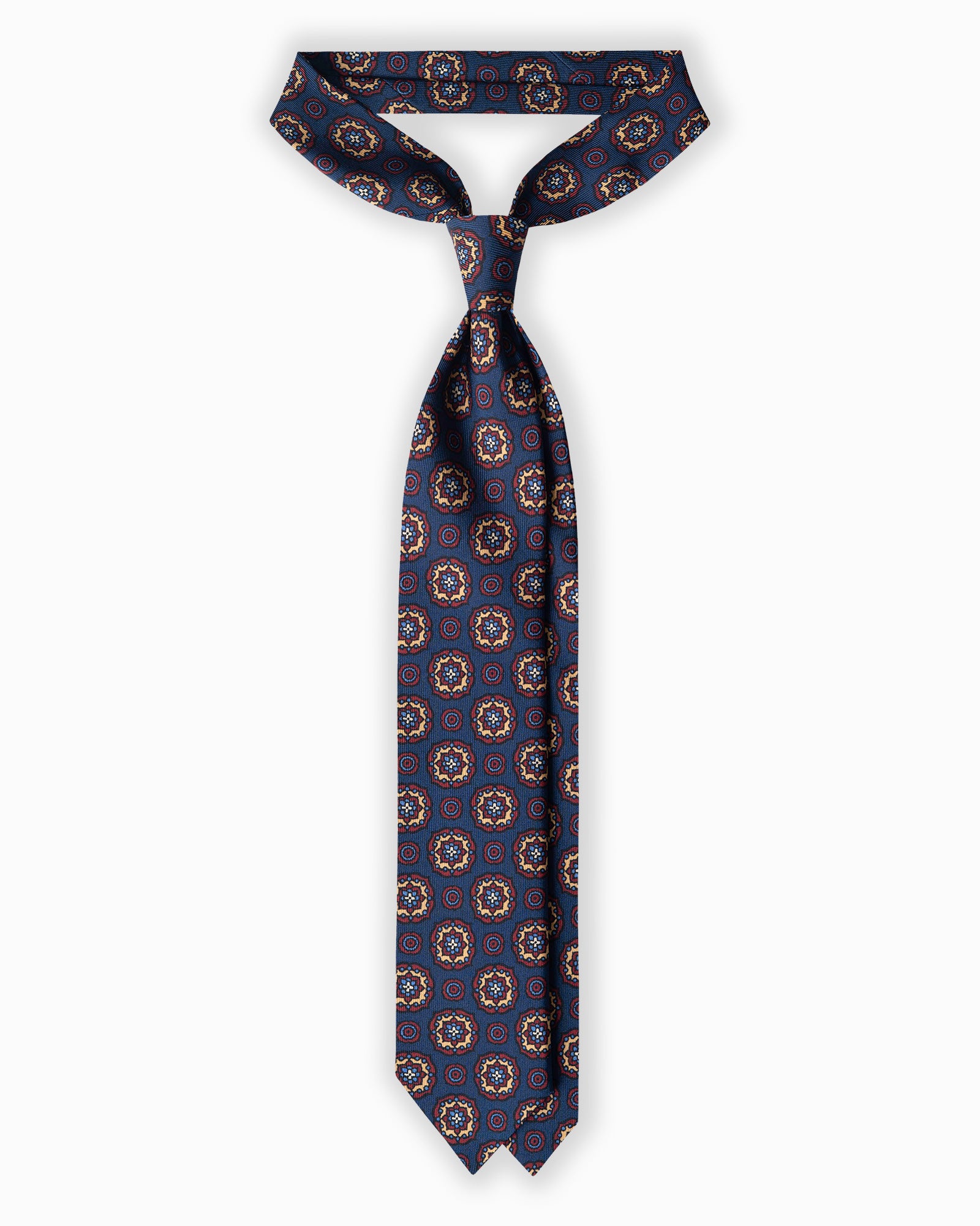Cravatta in Seta Madder Inglese 3 Pieghe Medaglioni Floreale - Blu Navy