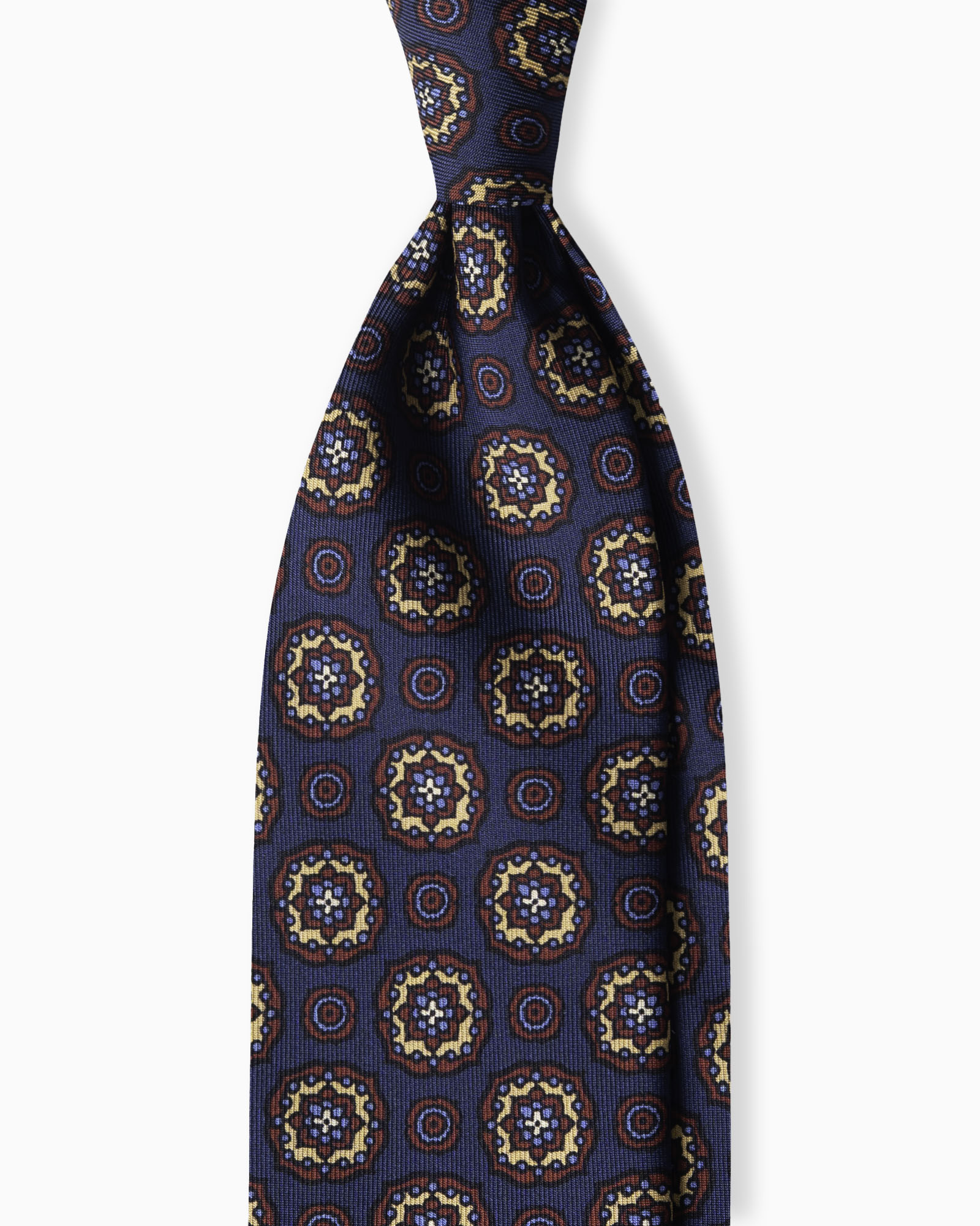 Cravatta in Seta Madder Inglese 3 Pieghe Medaglioni Floreale - Blu Navy