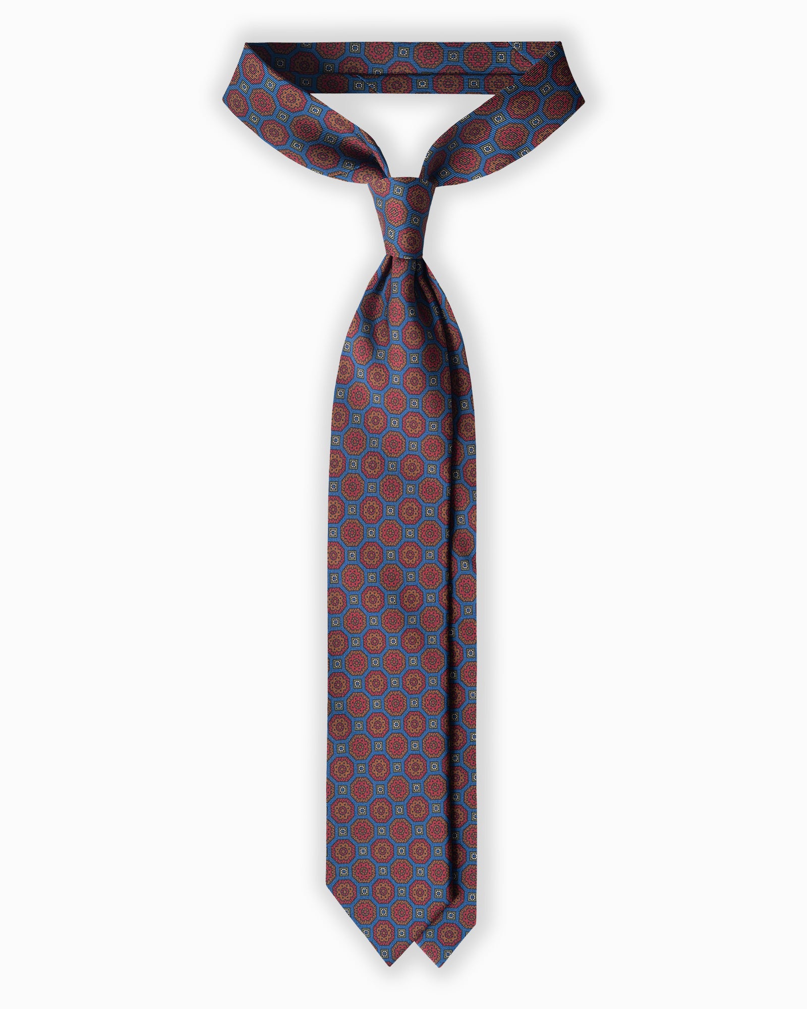 Cravatta in Seta Madder Inglese 3 Pieghe Medaglioni Geometrico - Blu Cenere