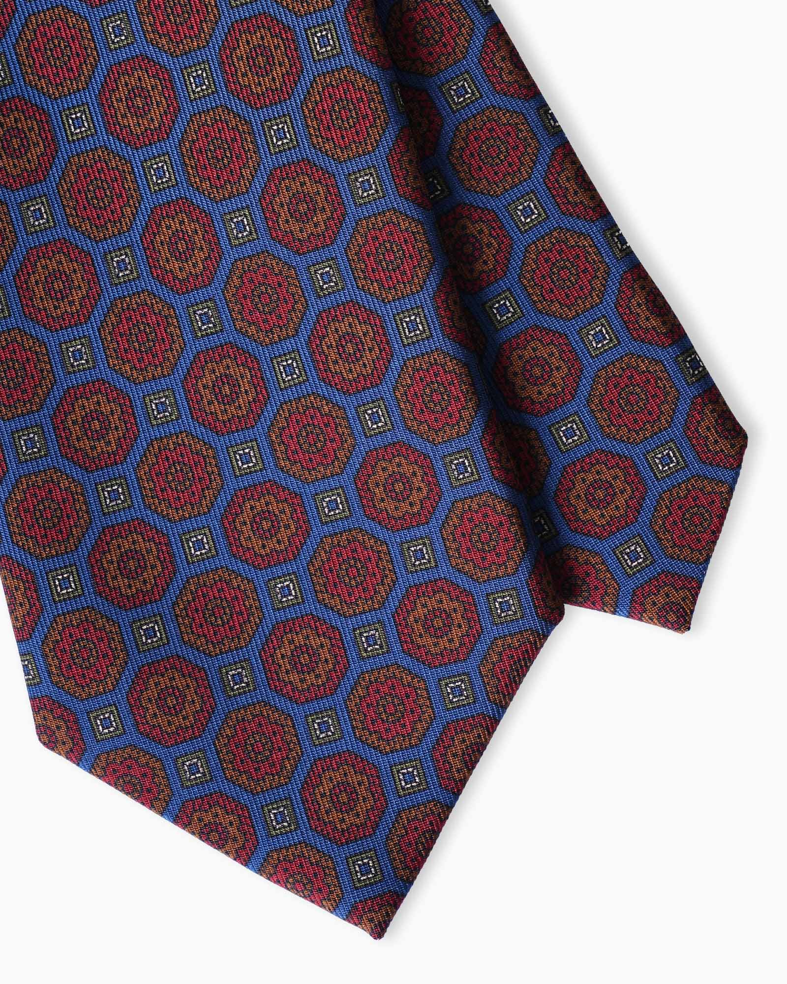 Cravatta in Seta Madder Inglese 3 Pieghe Medaglioni Geometrico - Blu Cenere