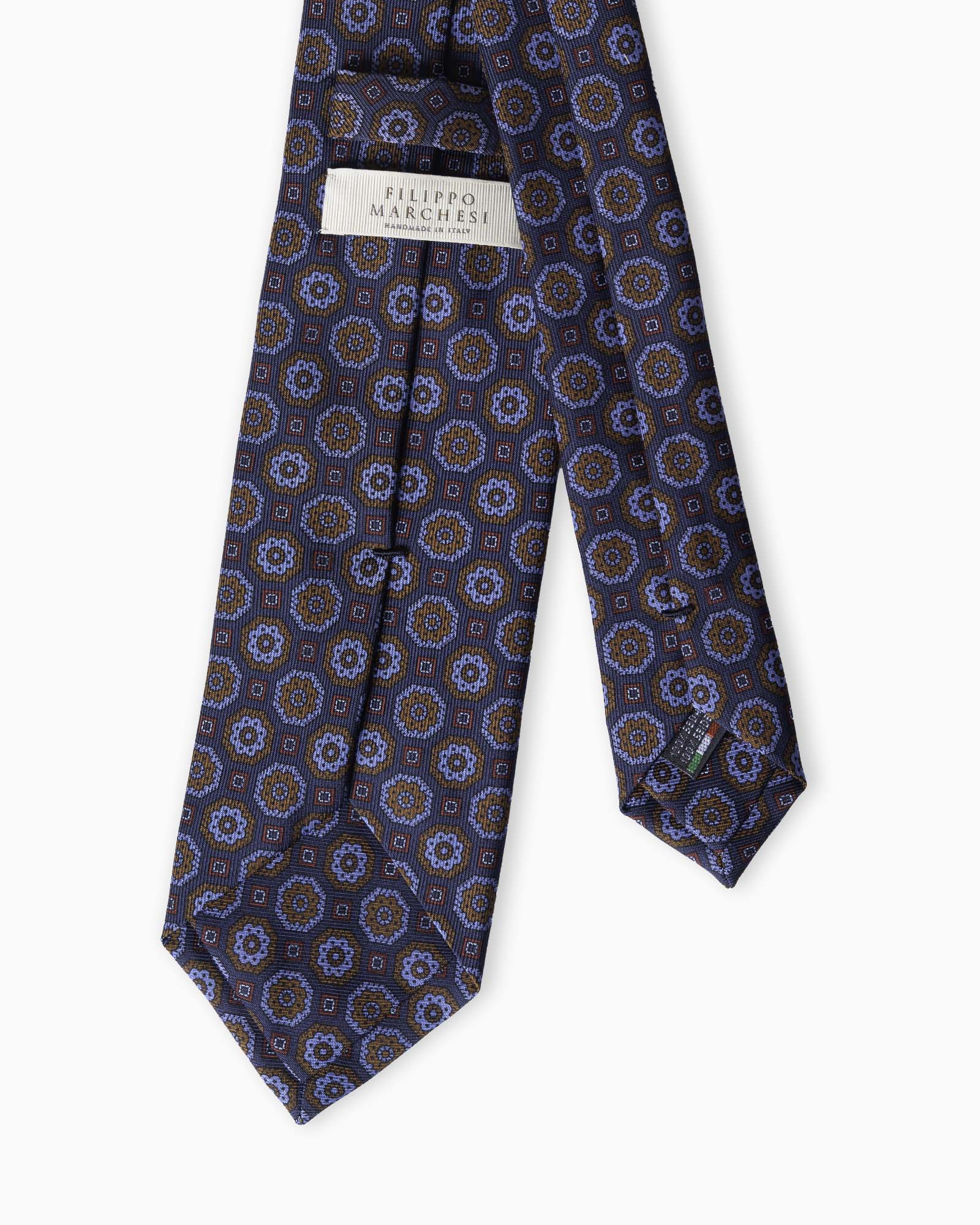 Cravatta in Seta Madder Inglese 3 Pieghe Medaglioni Geometrico - Blu