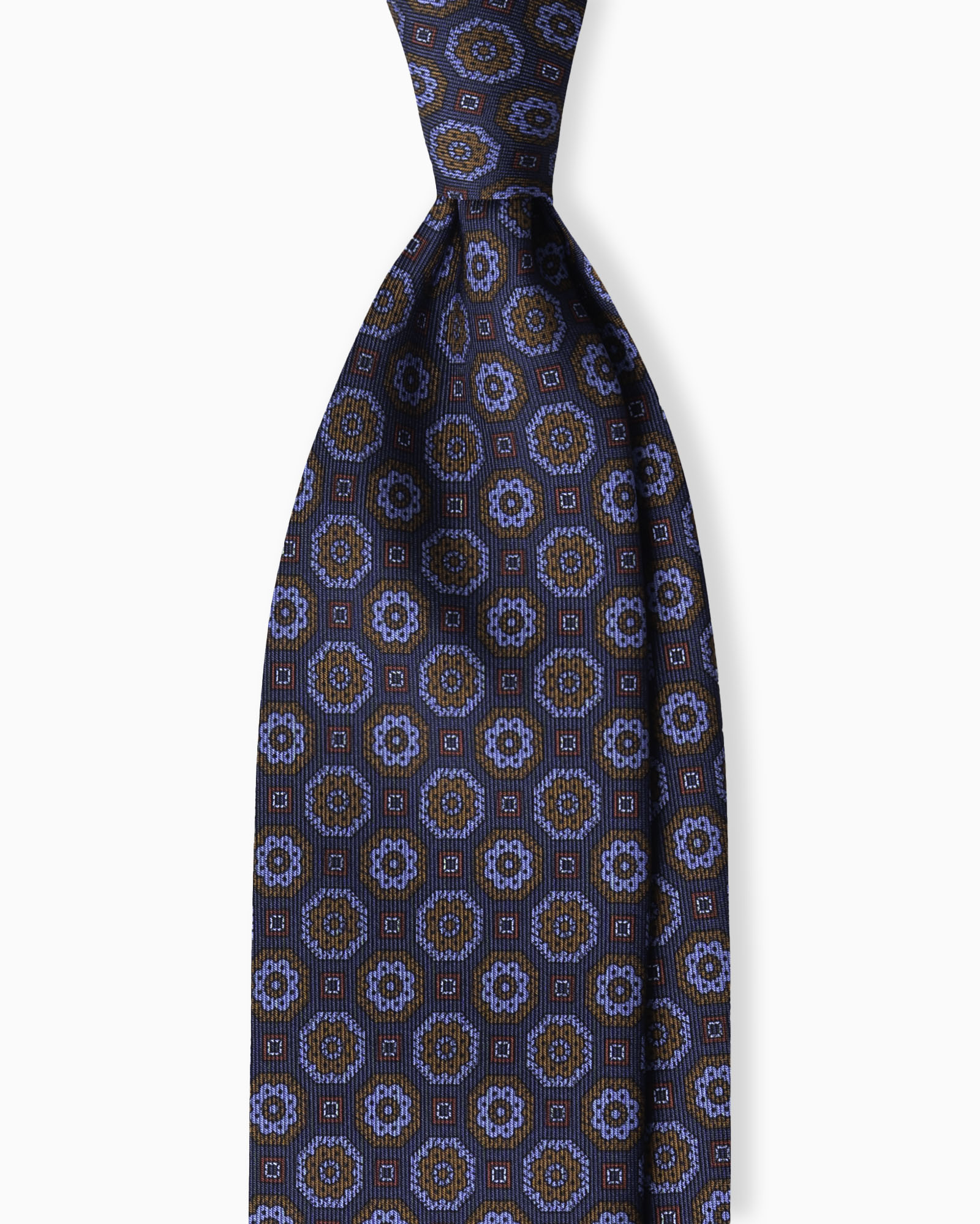 Cravatta in Seta Madder Inglese 3 Pieghe Medaglioni Geometrico - Blu