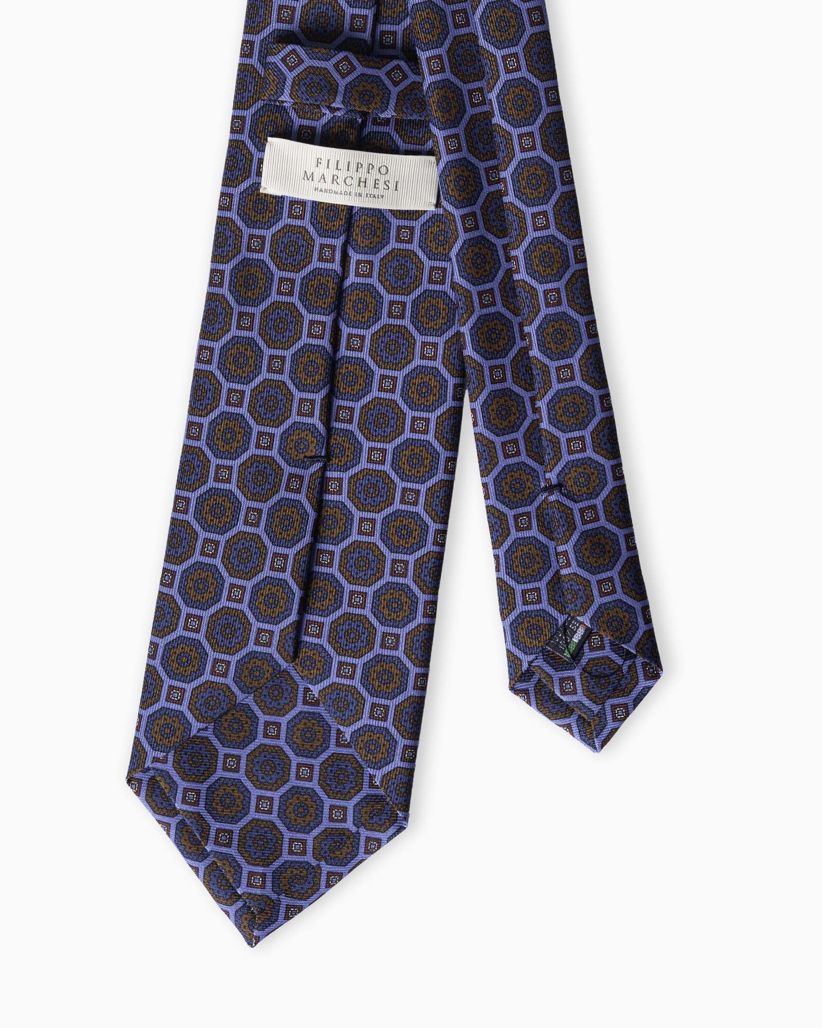 Cravatta in Seta Madder Inglese 3 Pieghe Medaglioni Geometrico - Azzurro