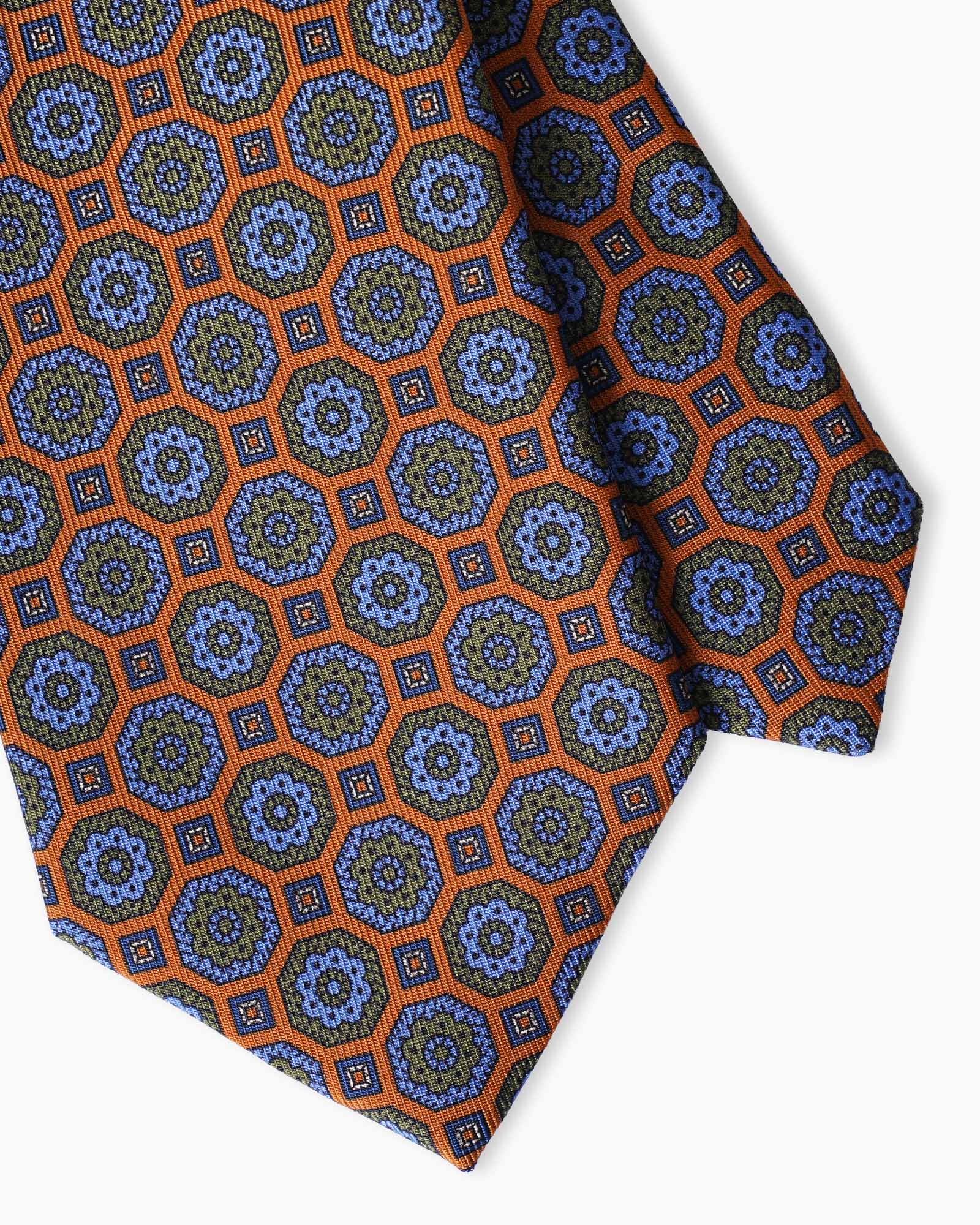 Cravatta in Seta Madder Inglese 3 Pieghe Medaglioni Geometrico - Arancione
