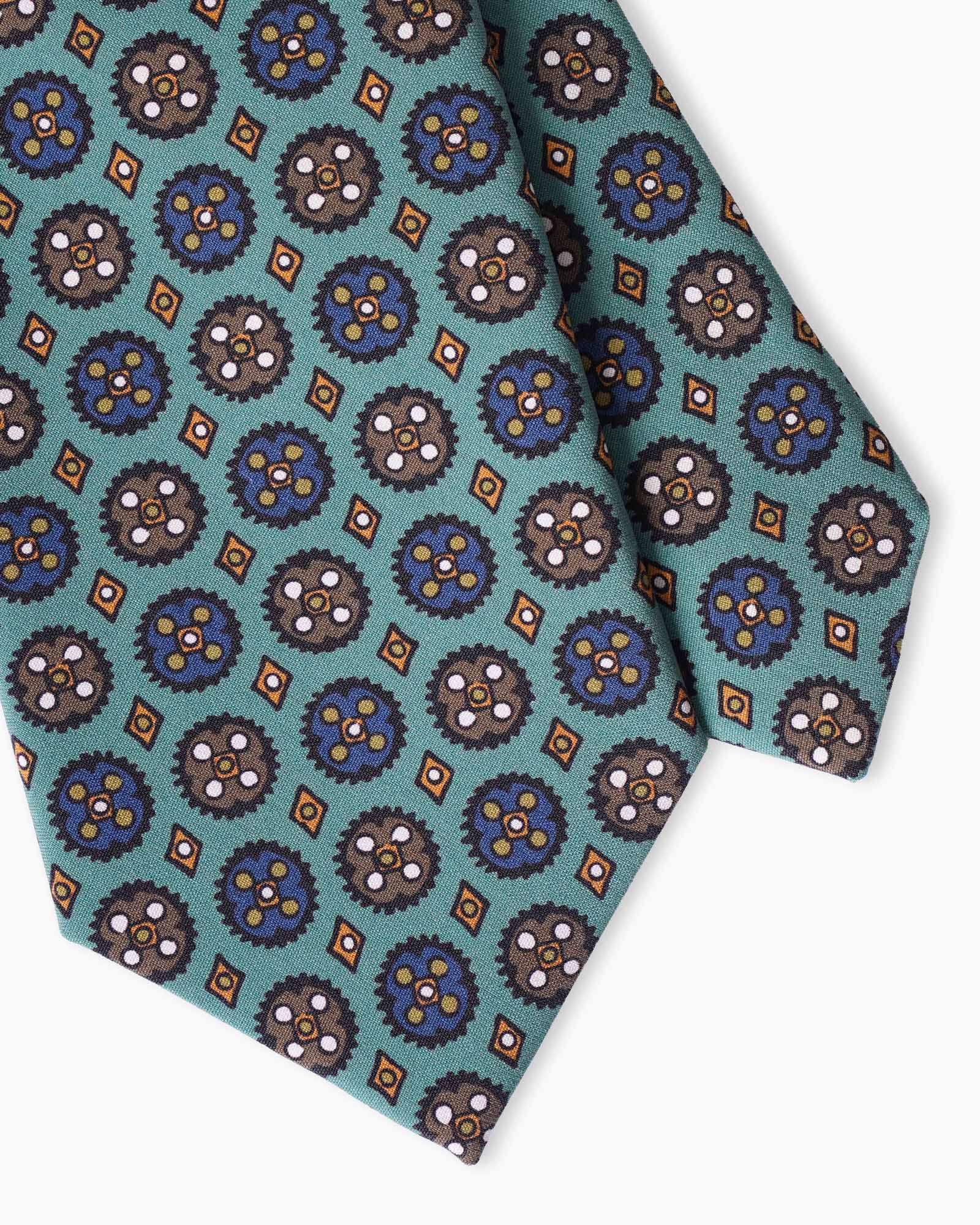 Italian madder silk tie made in Italy in aqua green with elegant medallion motif