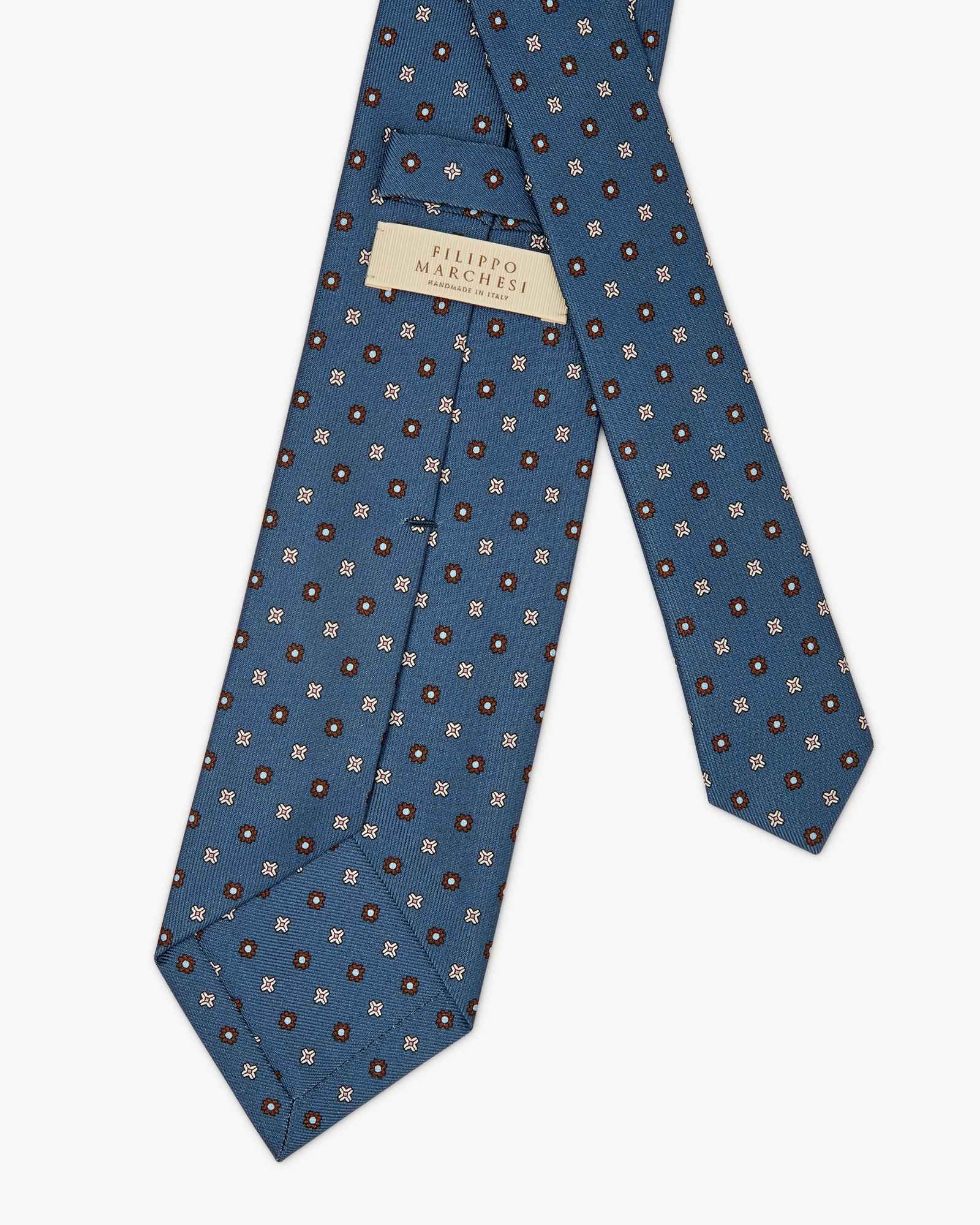 Cravatta 3 Pieghe In Seta Inglese Stampata Floreale - Blu Di Persia