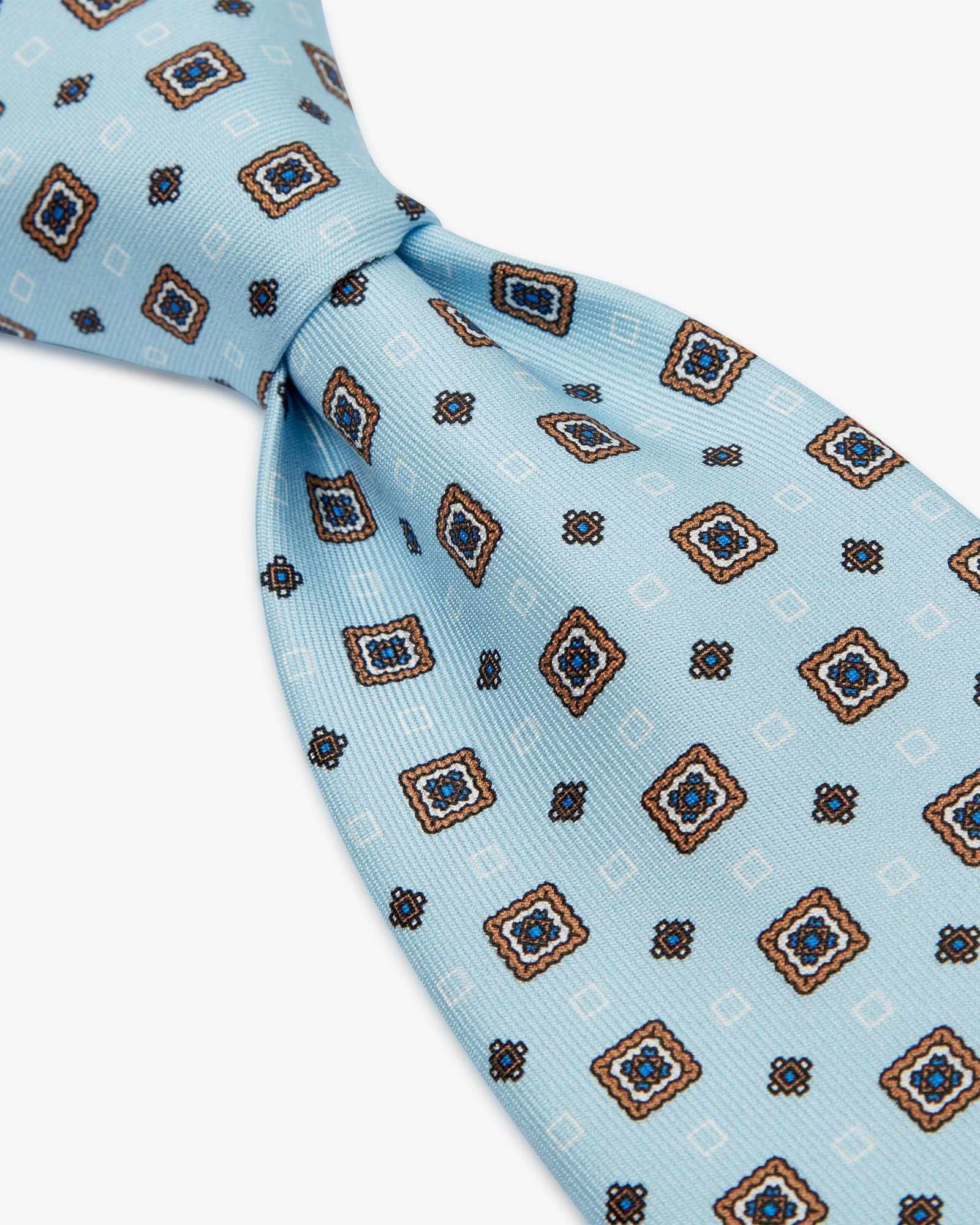 7-Fold Medallions Printed English Silk Tie - Light Blue