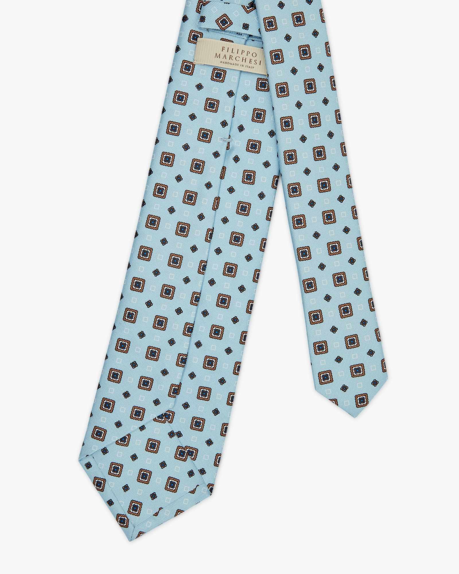 7-Fold Medallions Printed English Silk Tie - Light Blue
