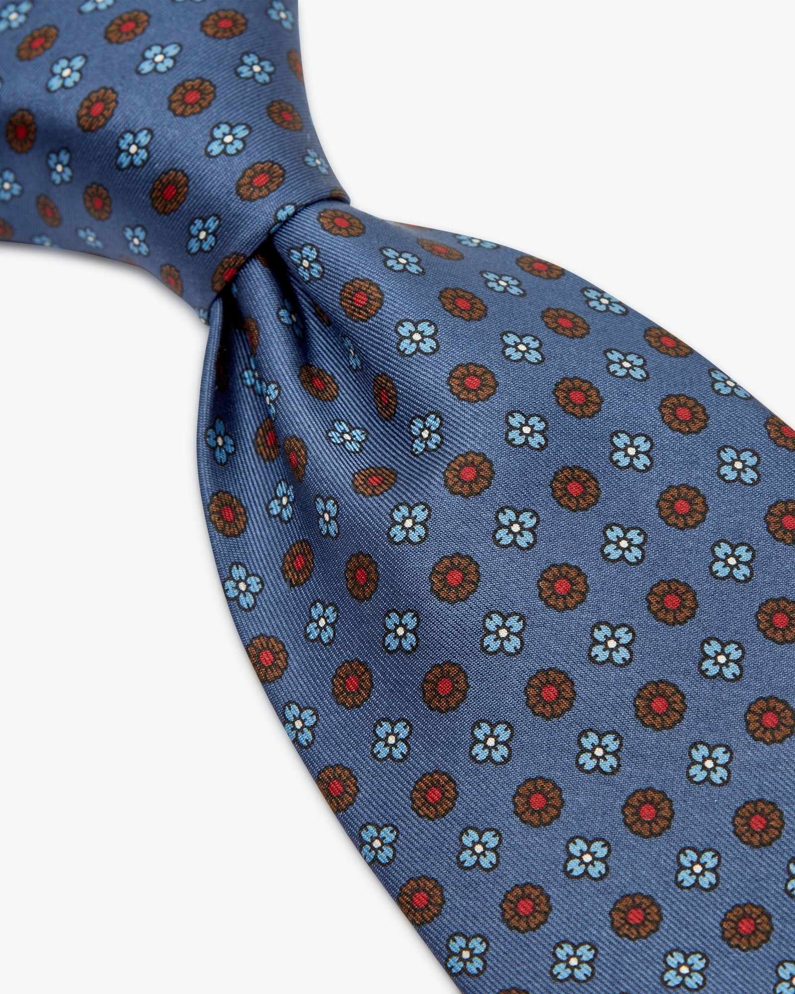 Cravatta 7 Pieghe In Seta Inglese Stampata Floreale - Blu Cobalto