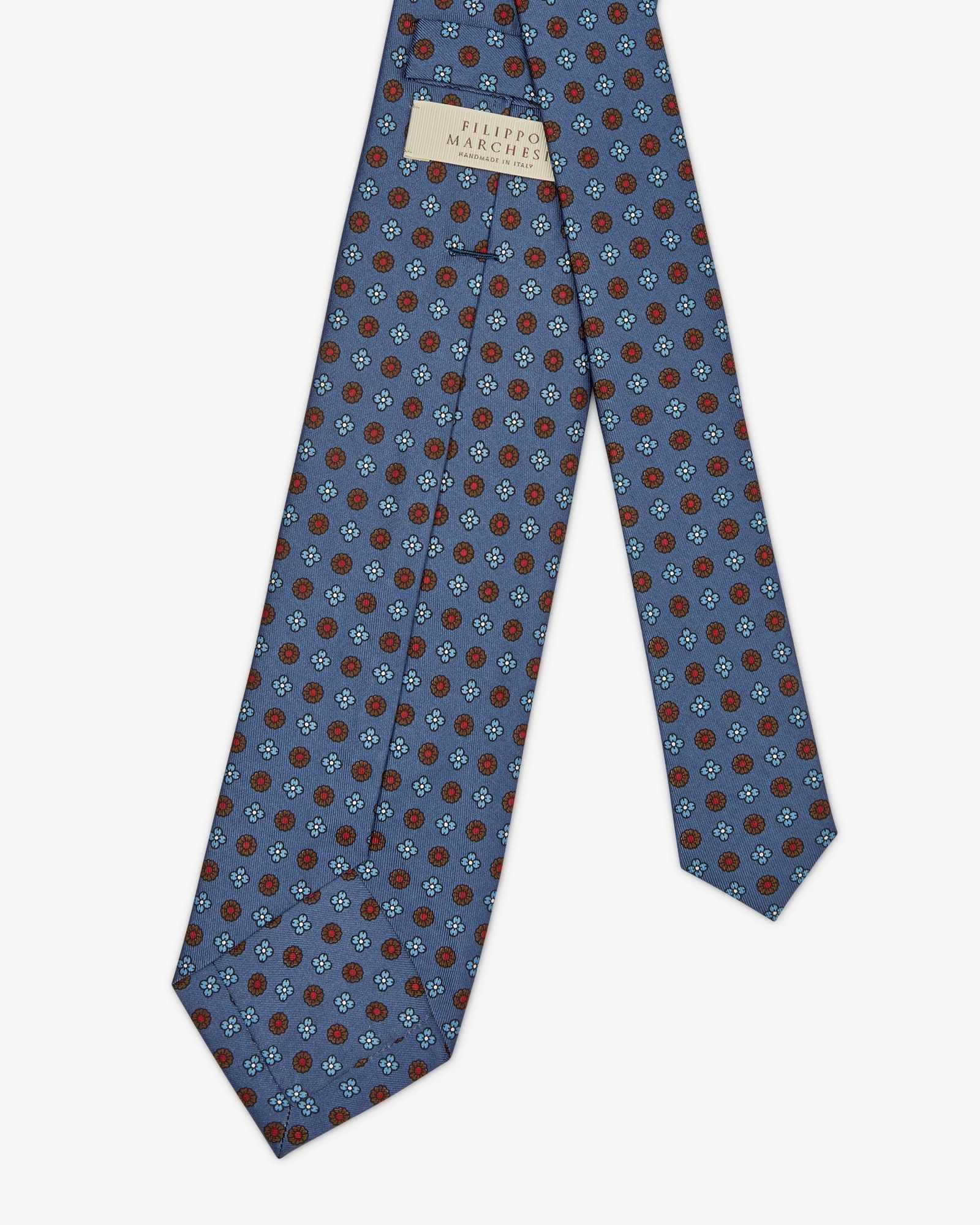 Cravatta 7 Pieghe In Seta Inglese Stampata Floreale - Blu Cobalto