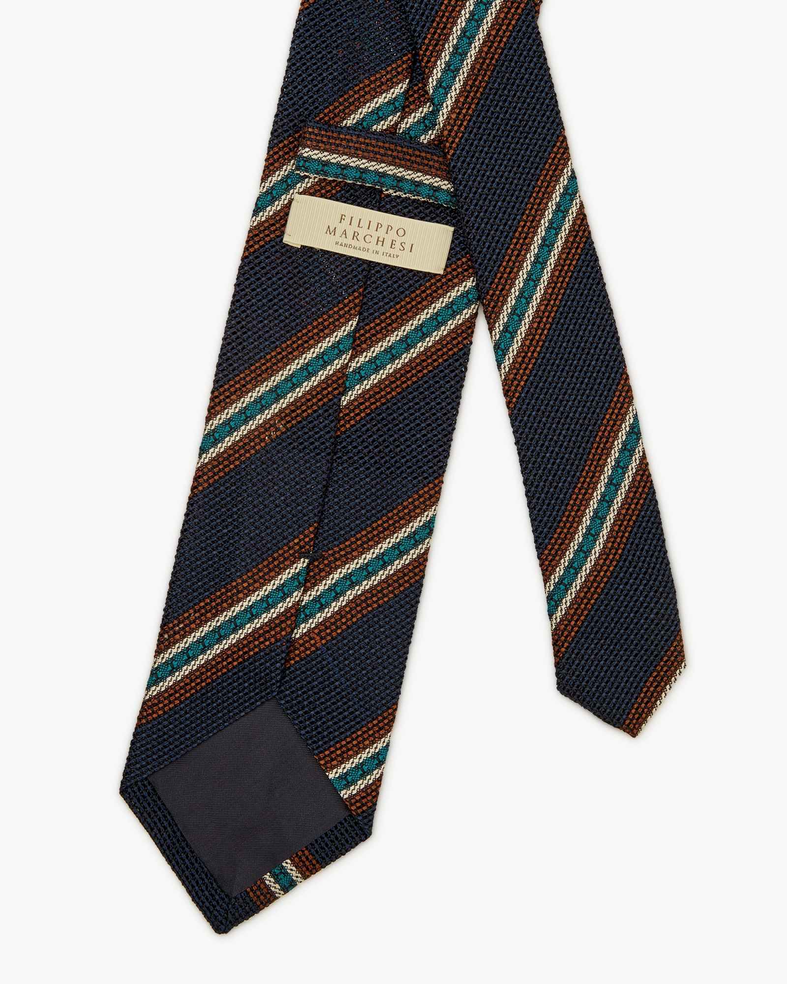 Cravatta 3 Pieghe In Seta Grenadine A Righe - Blu Marrone