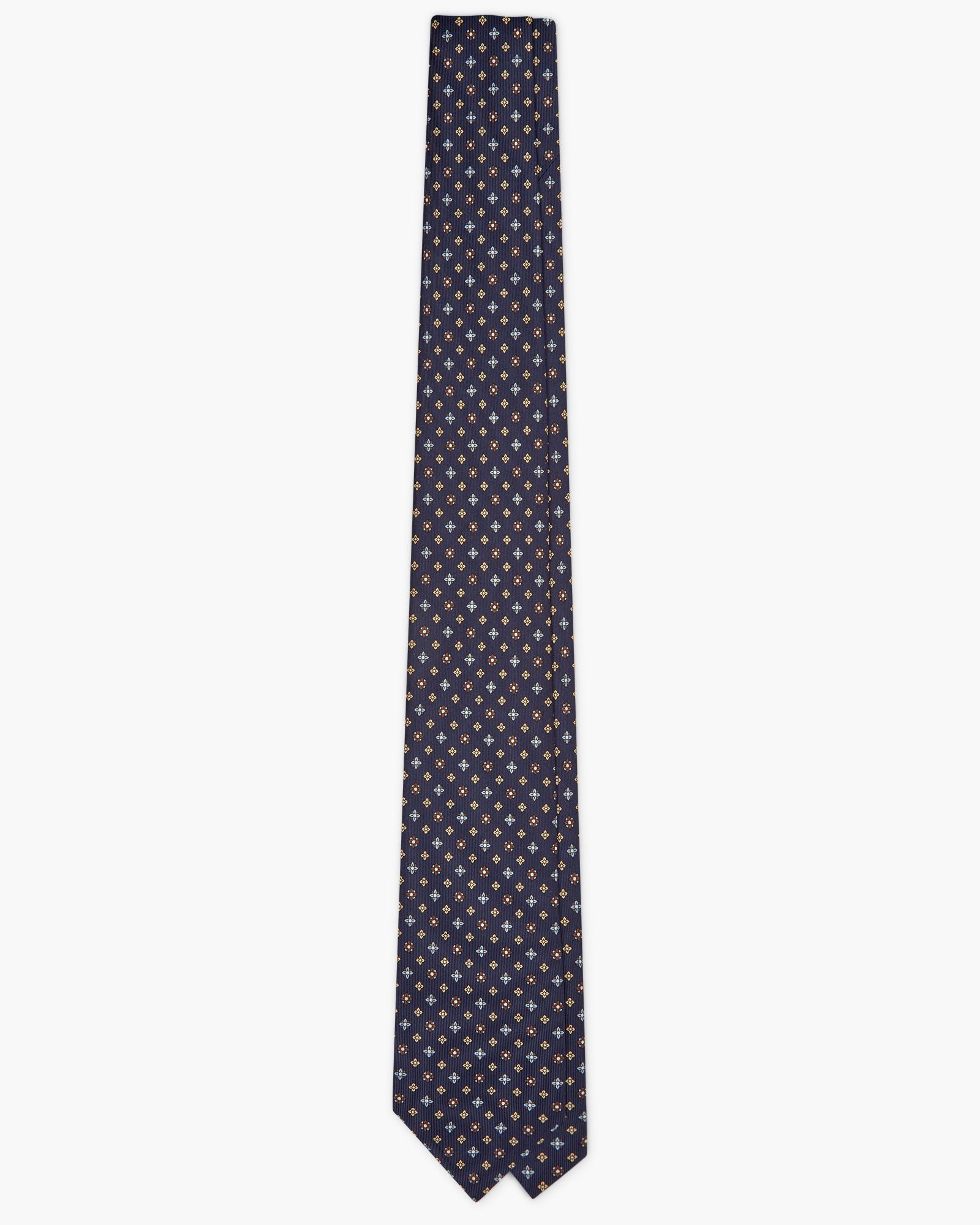 Cravatta 7 Pieghe In Seta Inglese Stampata Floreale - Blu Giallo