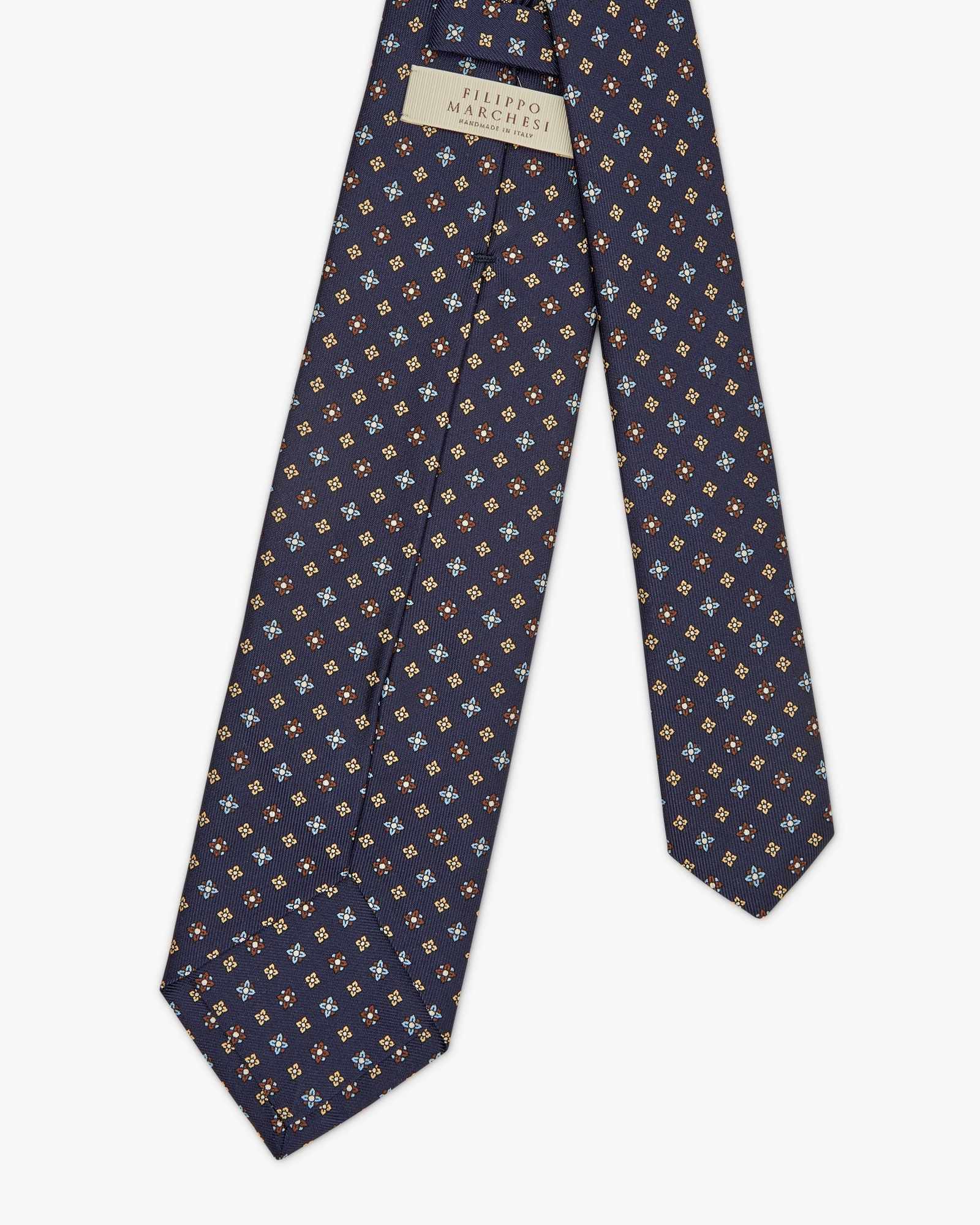 Cravatta 7 Pieghe In Seta Inglese Stampata Floreale - Blu Giallo