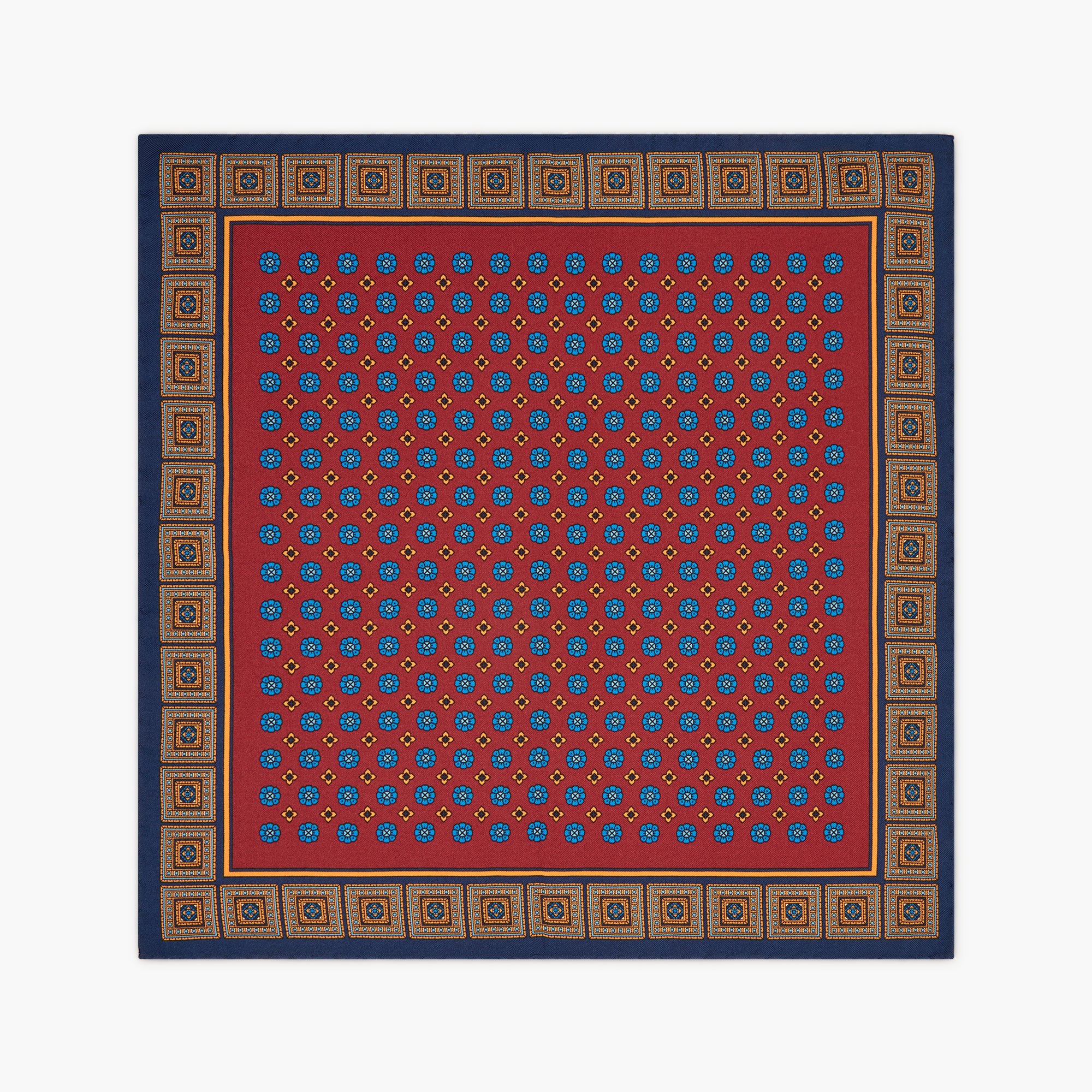 Floral Printed Silk Pocket Square - Bordeaux Blue