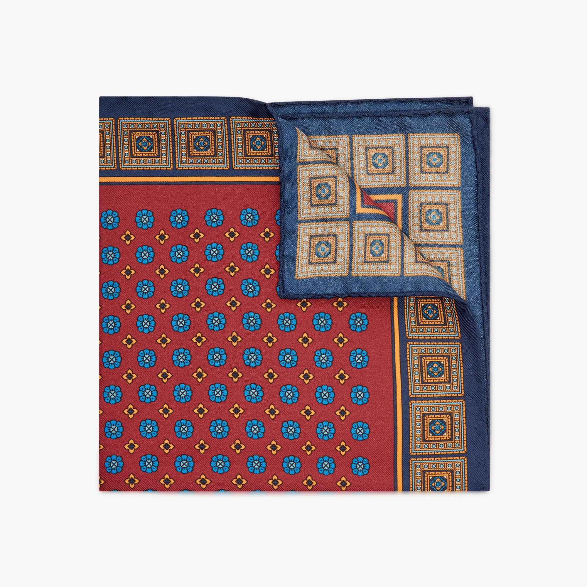 Floral Printed Silk Pocket Square - Bordeaux Blue