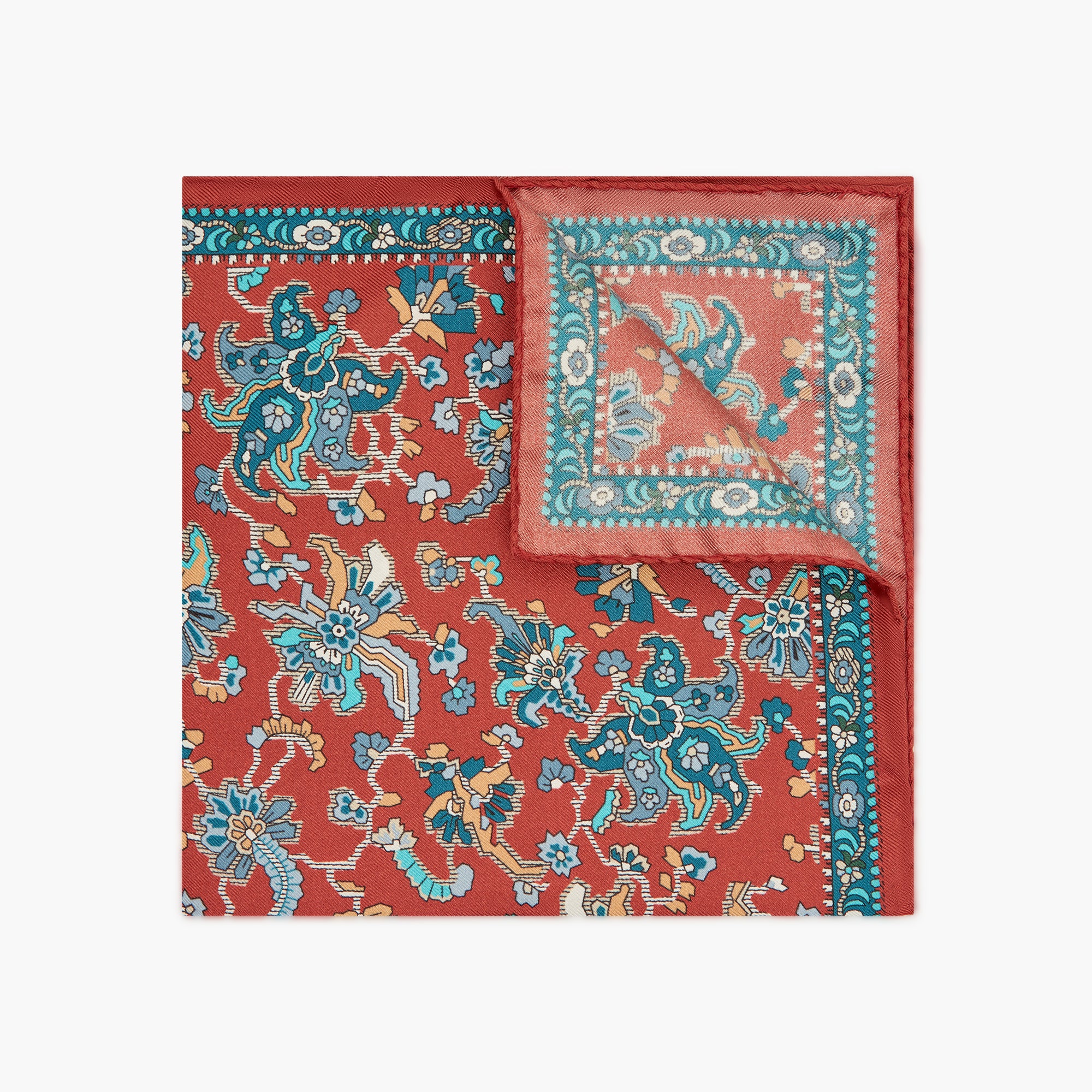 Floral Printed Silk Pocket Square - Coral