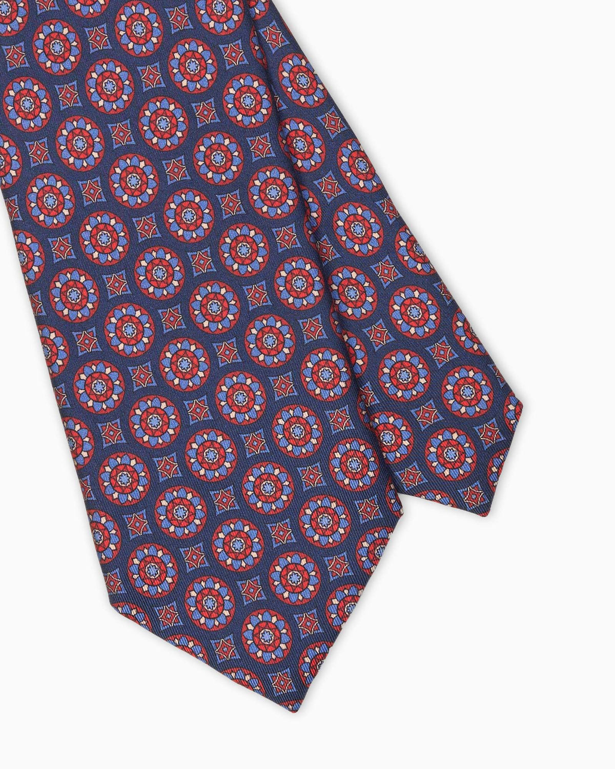 Cravatta 3 Pieghe In Seta Italiana Stampata Con Medaglioni - Blu Rosso