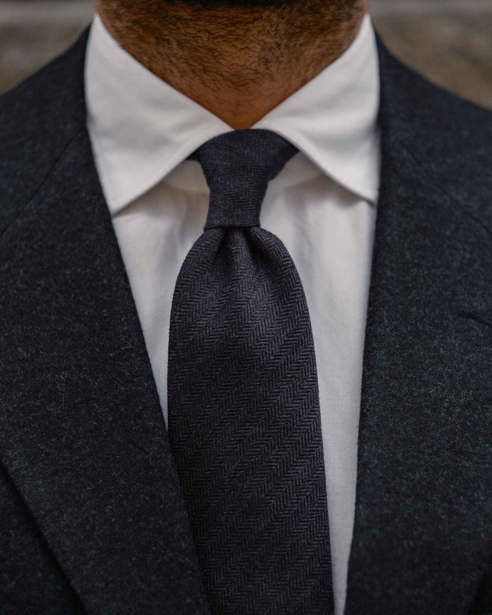 3 Fold Chevron Wool Silk Tie - Grey