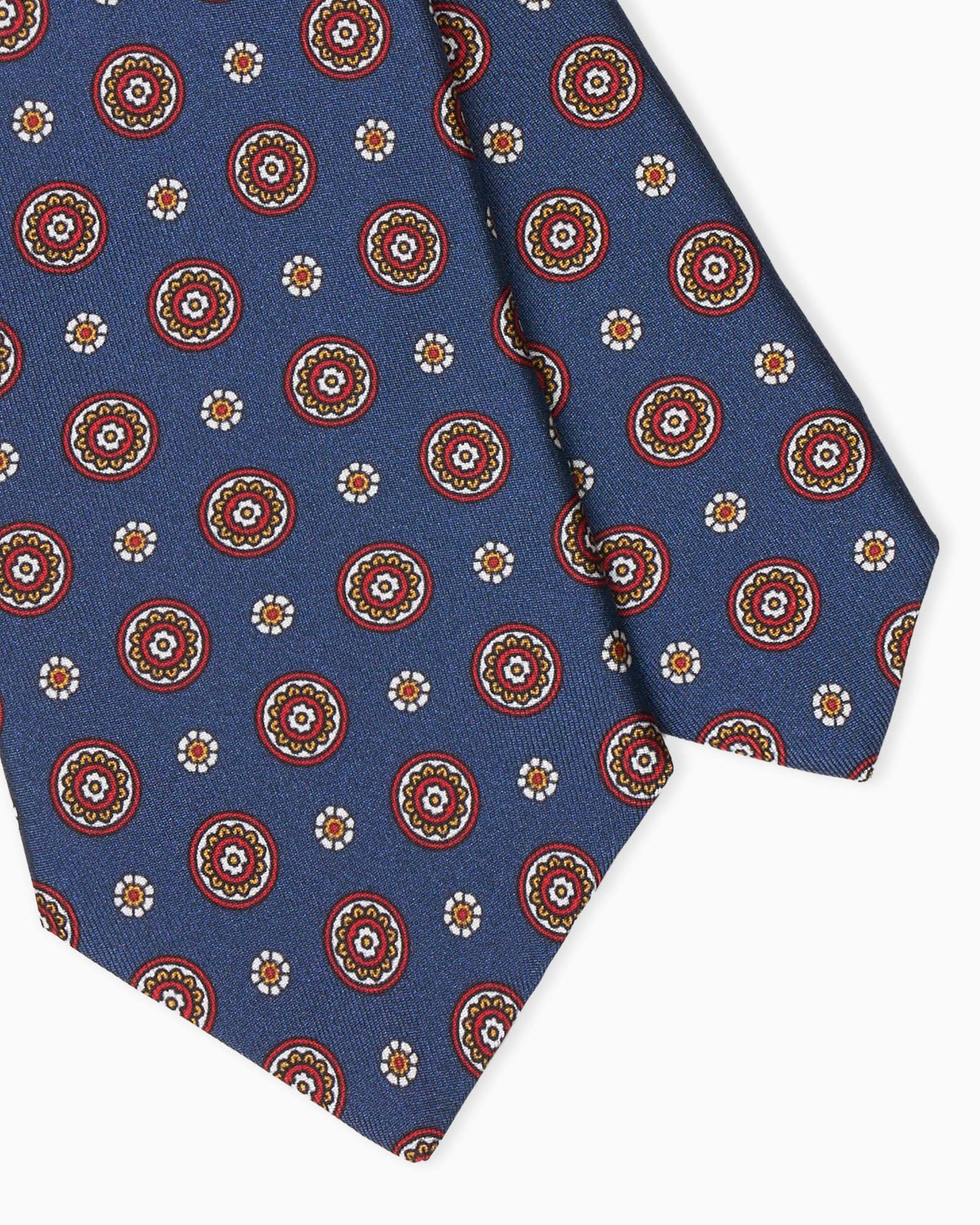 Blue and red artisanal 3-fold Italian silk tie with floral pattern