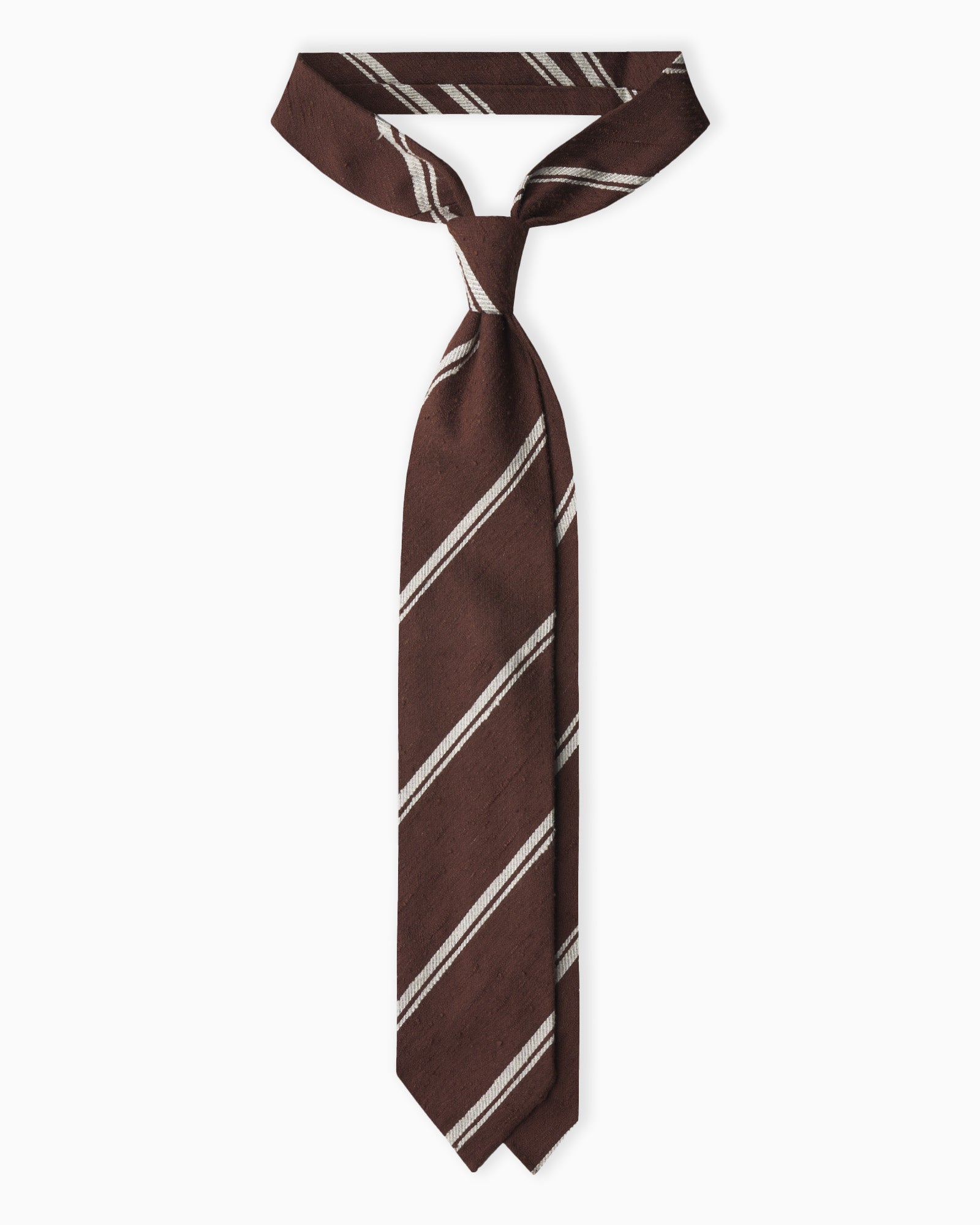 Cravatta 3 pieghe in seta shantung a righe marrone e bianco fatta a mano in Italia