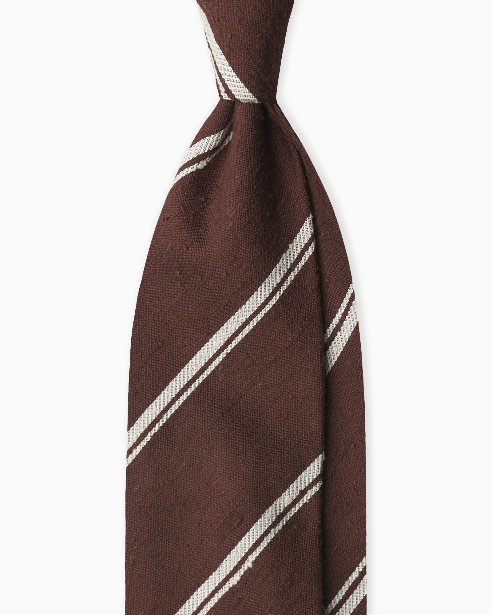 Brown and white striped shantung silk tie 3-fold handmade in Italy