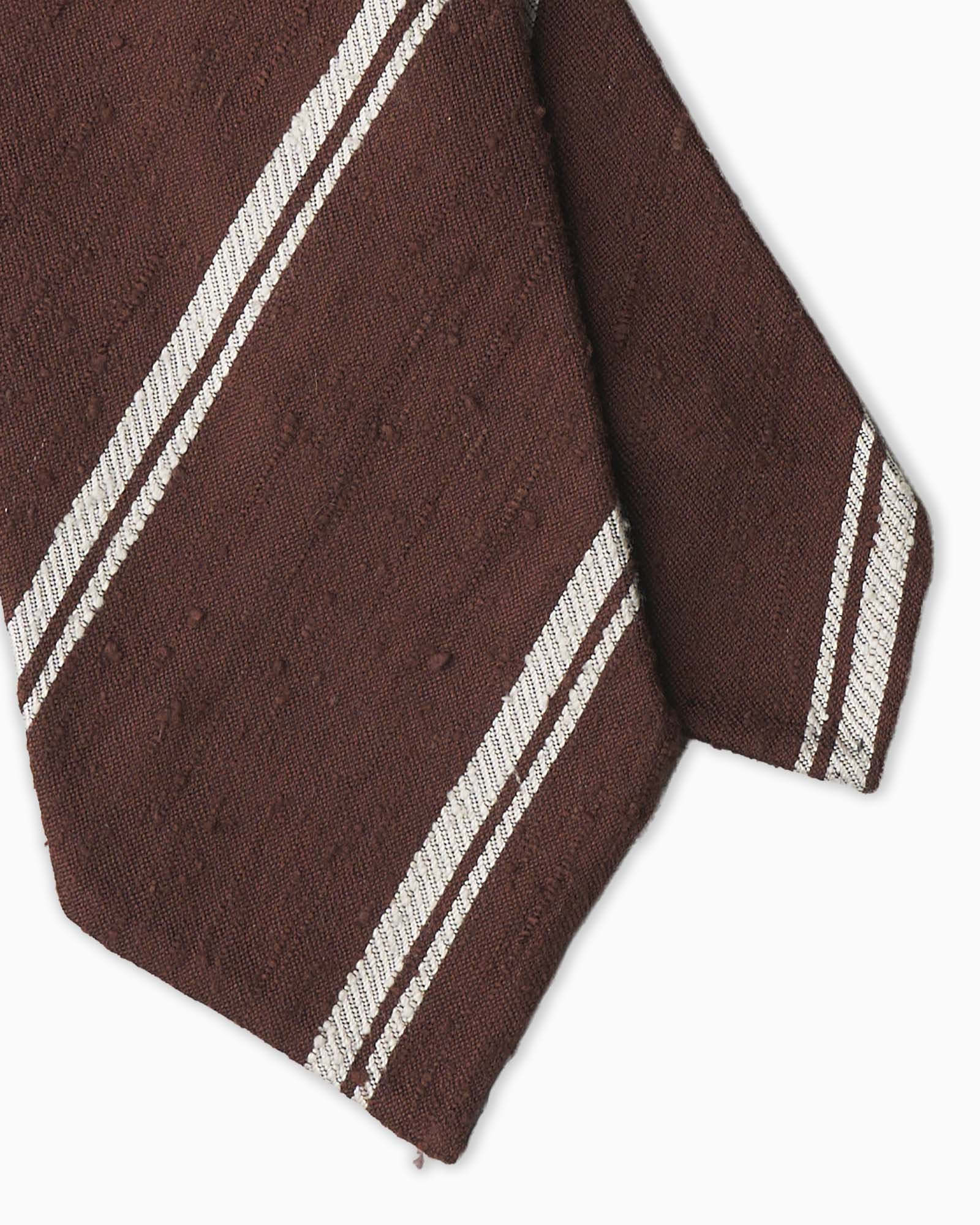 Brown and white artisanal striped silk tie in shantung 3-fold style